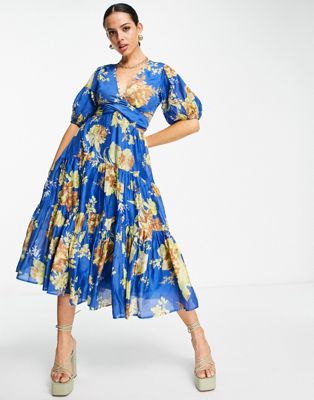 chinese dress ladies ASOS DESIGN Curve shirred tiered maxi dress in green spot print