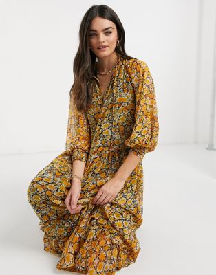ASOS DESIGN tiered floral embroidered maxi dress with raw edge and but ASOS DESIGN tiered floral embroidered maxi dress with raw edge and but