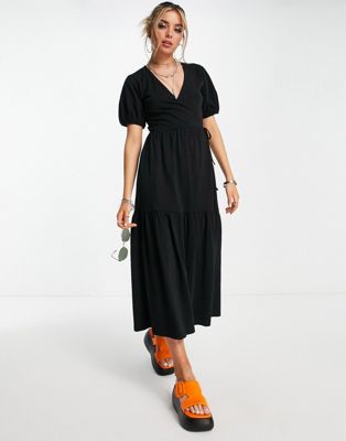 ASOS DESIGN tiered midi wrap dress with puff sleeve in mono ditsy prin