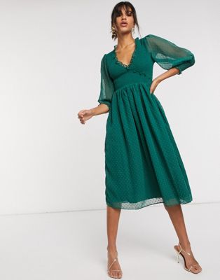 strapless open back dress ASOS DESIGN soft pleated bodice midi dress with tiered skirt and lace