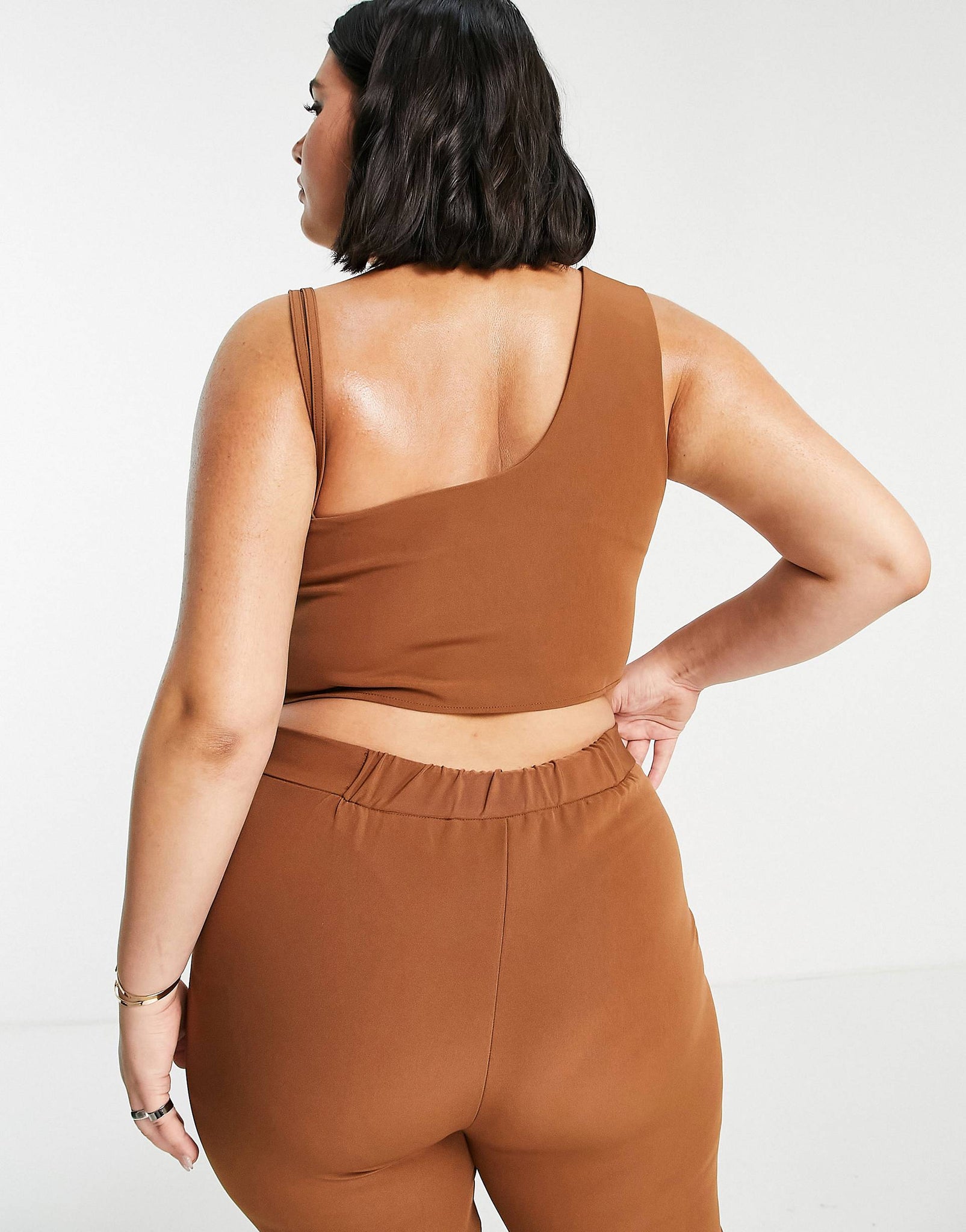 Plus asymetric crop top co-ord in midnight brown