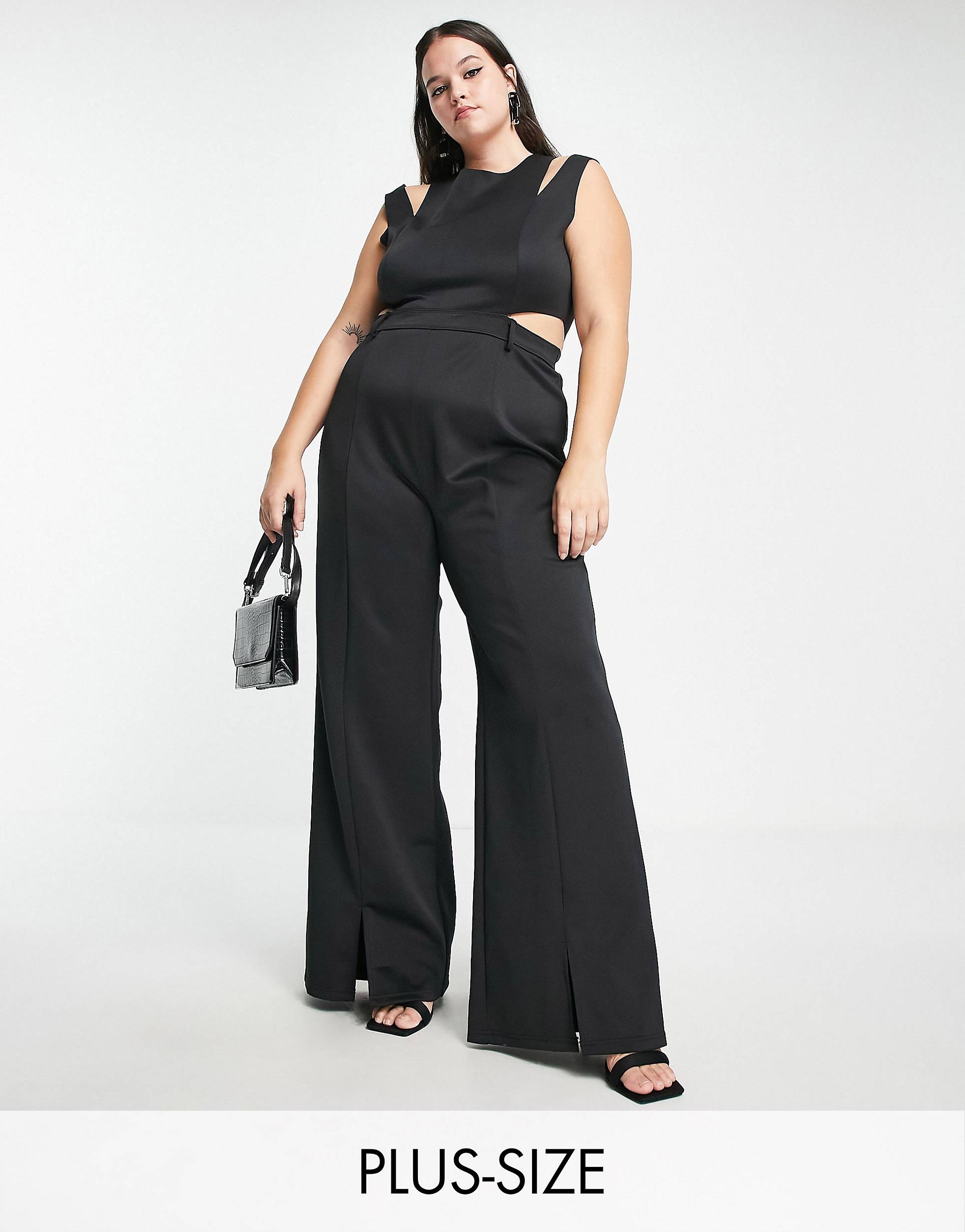 Plus tailored wide leg cut out jumpsuit in black