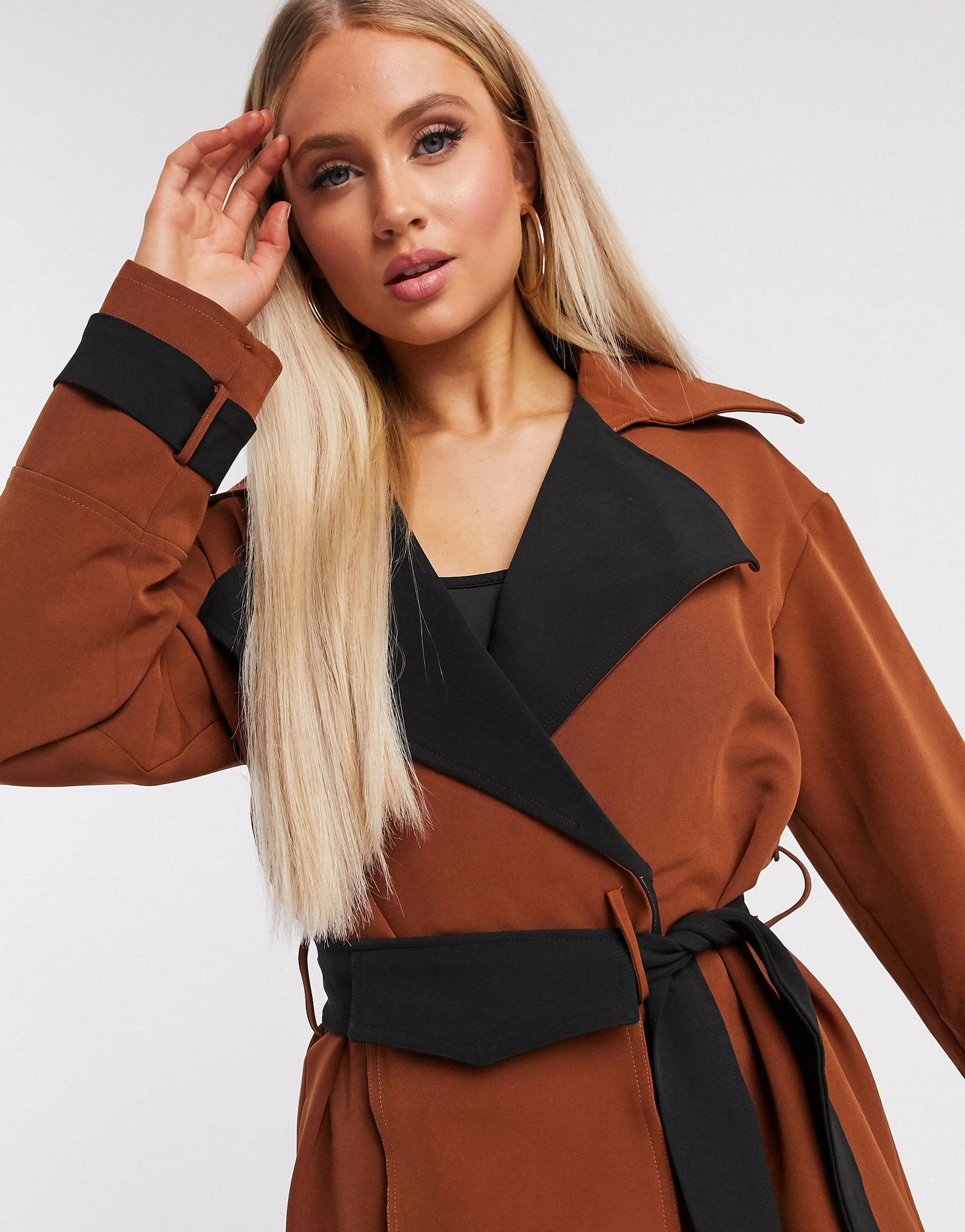 Unique21 Contrast Belted Trench Coat In Brown