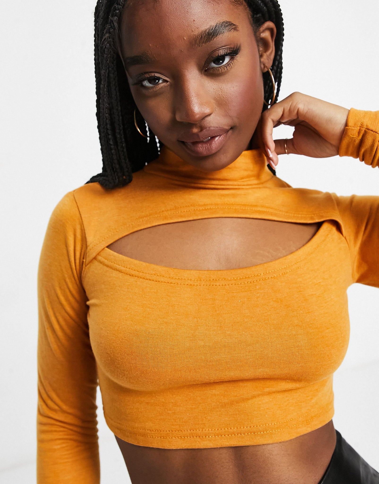 Unique21 Knitted High Neck Cut Out Crop Top In Gold Brown