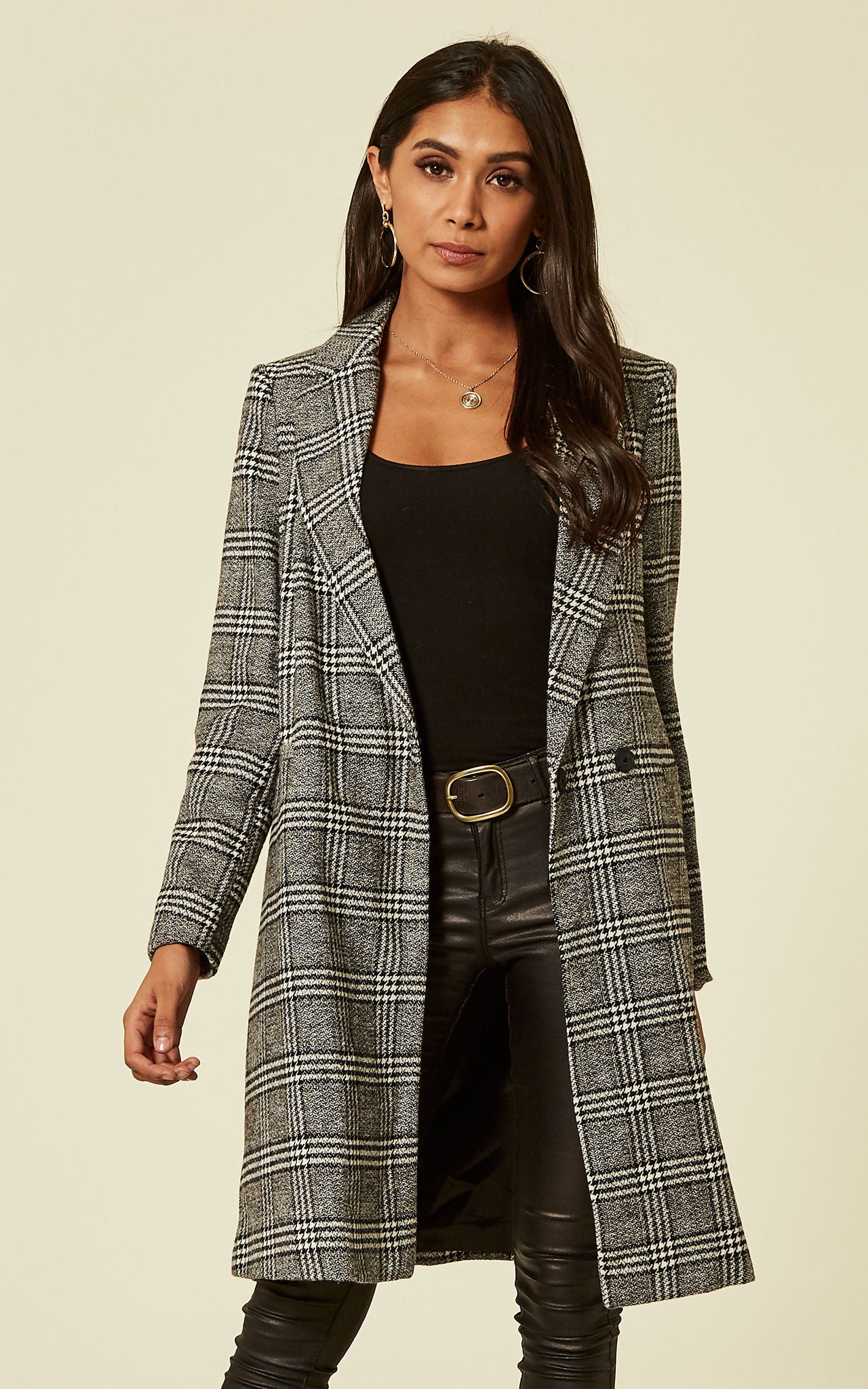 Long grey checkered clearance coat