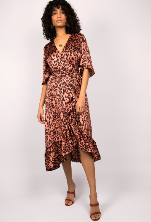 Pink Leopard Print Wrap Ruffle Midi Slip Dress