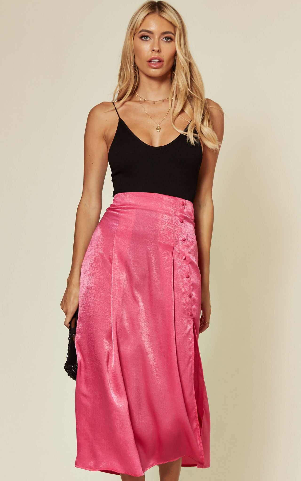 Pink Satin Slip Midi Skirt