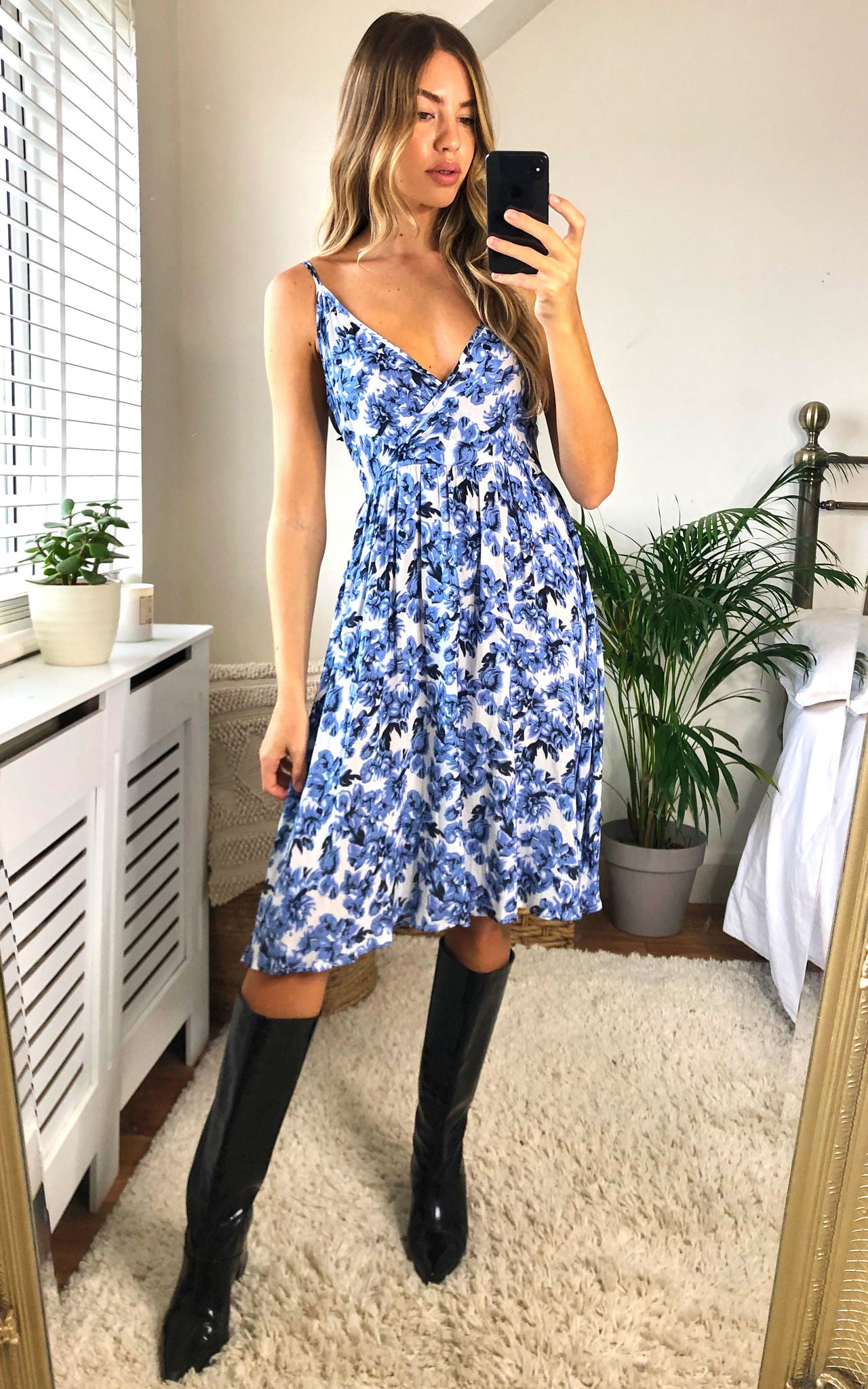 Unique21 V Neck Floral Spaghetti Strap Summer Casual Swing Dress Blue Floral Print On White Base
