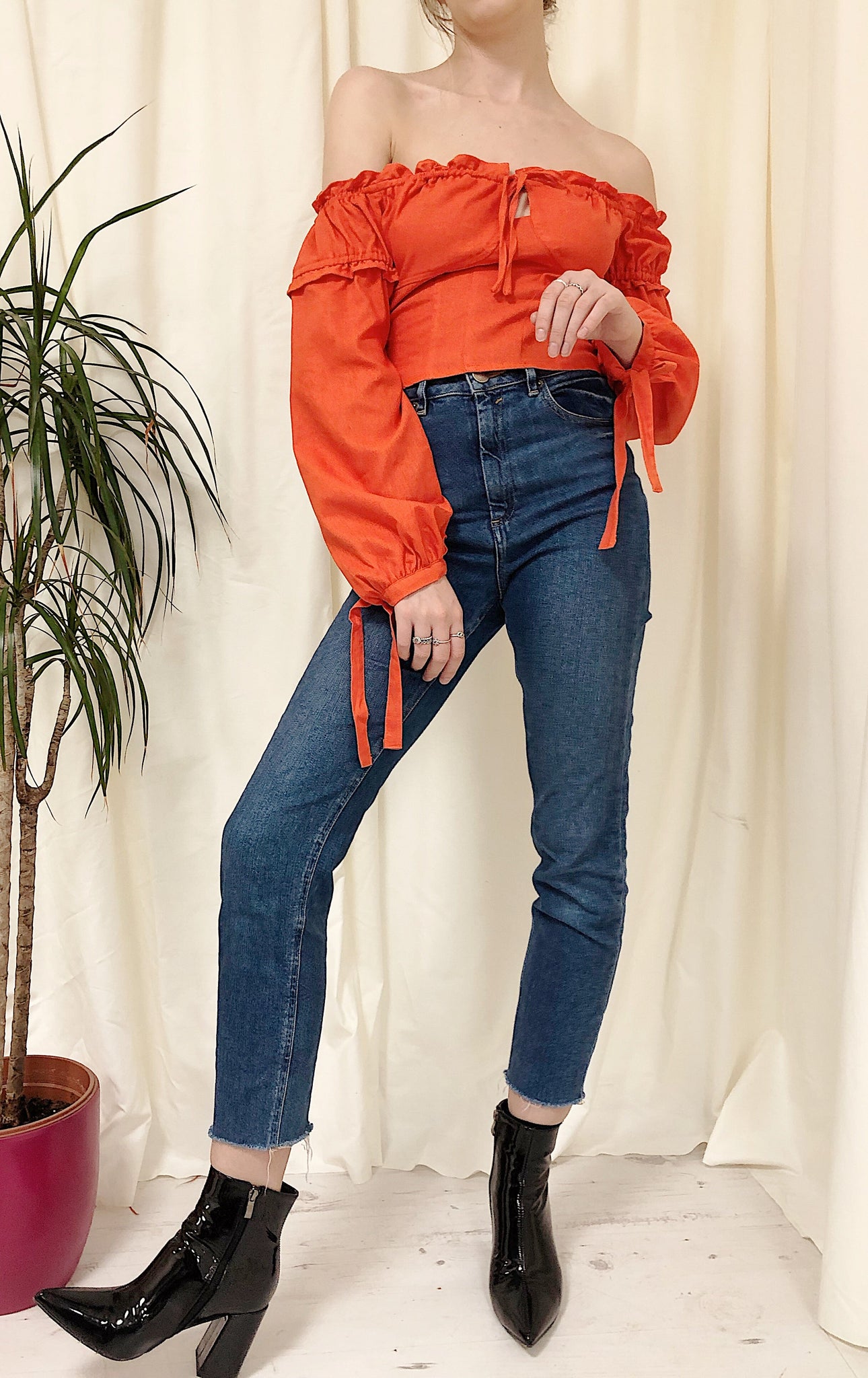 Sunset Orange Linen Tie Sleeves Bardot Top