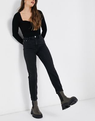 ASOS DESIGN Hourglass denim square neck fitted jumpsuit in washed black