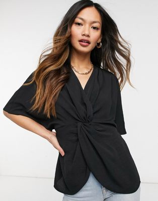 ASOS DESIGN jersey button front tea long sleeve playsuit in black