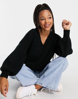 ASOS DESIGN v neck fluffy jumper in black