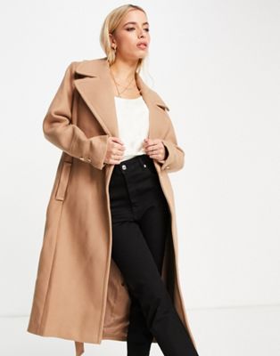 Forever New wrap tie smart midi formal coat in camel