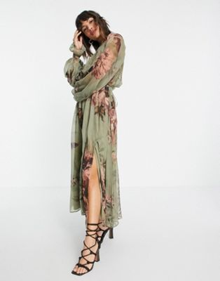 ASOS DESIGN long sleeve tiered smock midi dress in forest green