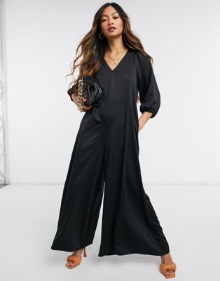 ASOS DESIGN exaggerated sleeve satin jumpsuit in bright floral