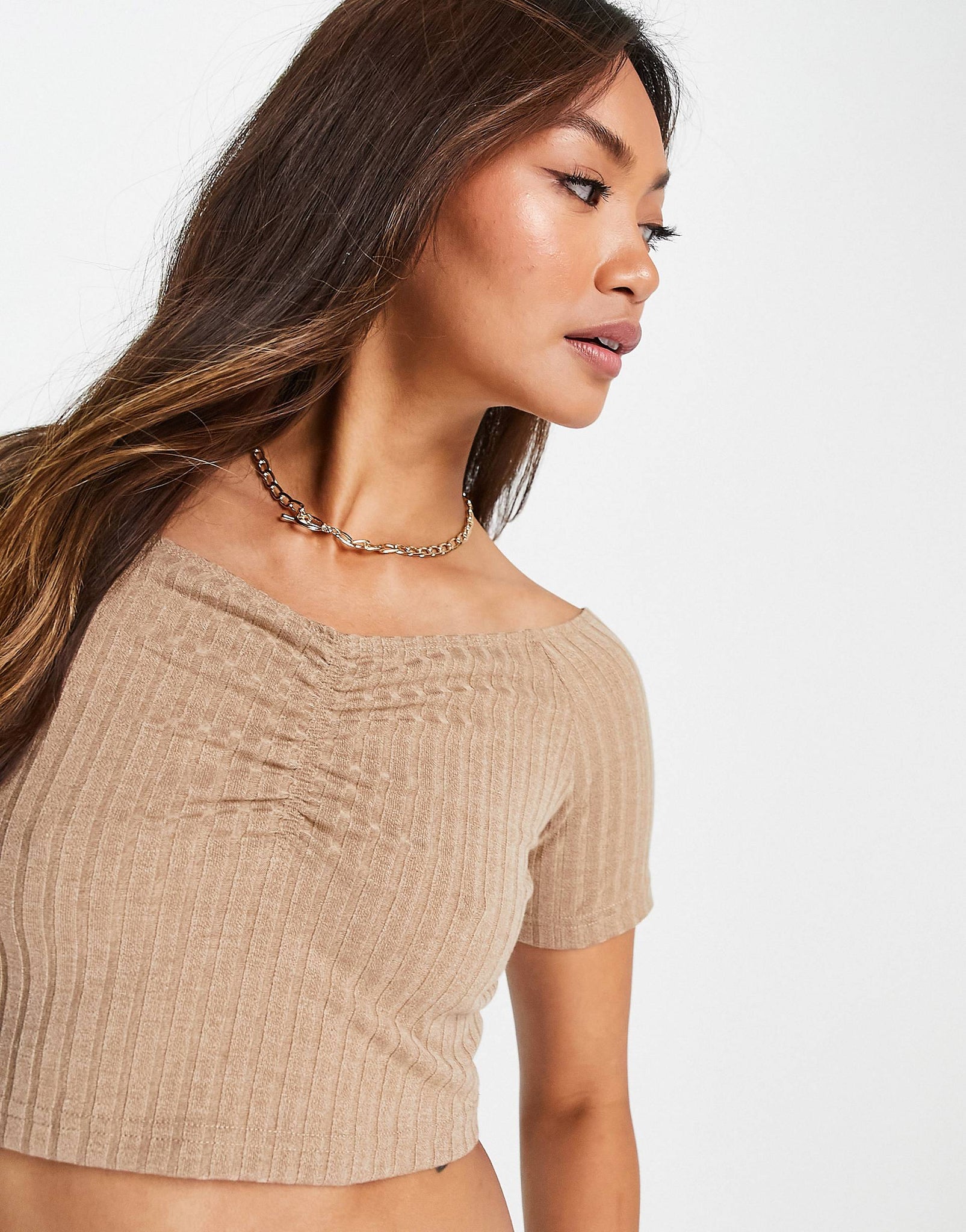 Unique21 Waffle Sweetheart Neck Crop Top In Sand