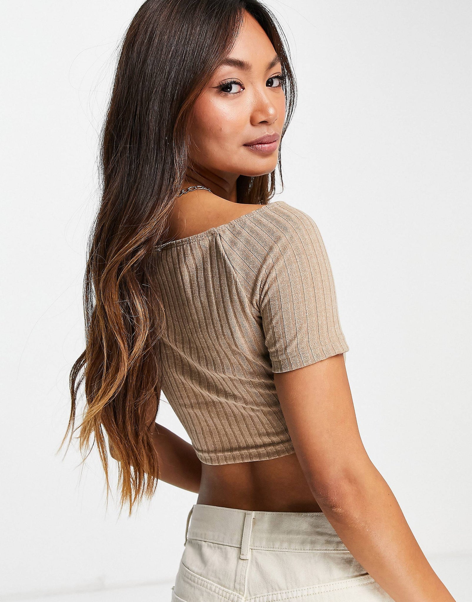 Unique21 Waffle Sweetheart Neck Crop Top In Sand