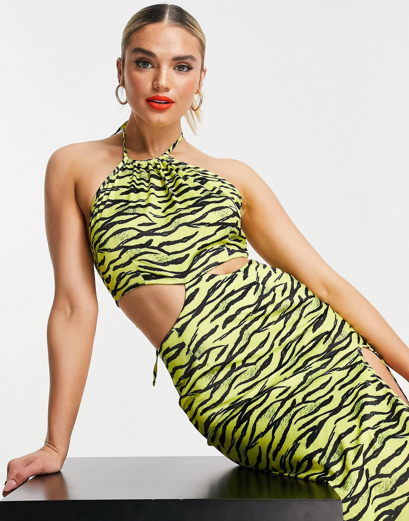 Unique21 Cut Out Split Midi Dress In Tiger