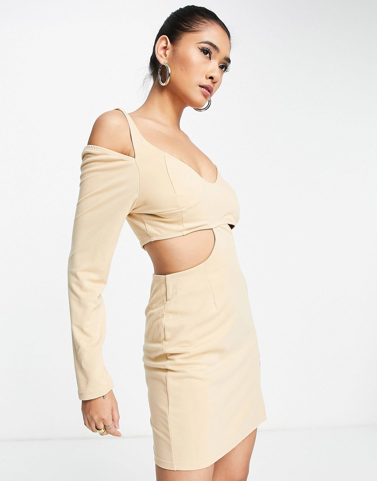 Unique21 Jersey Cut Out Mini Dress In Sand