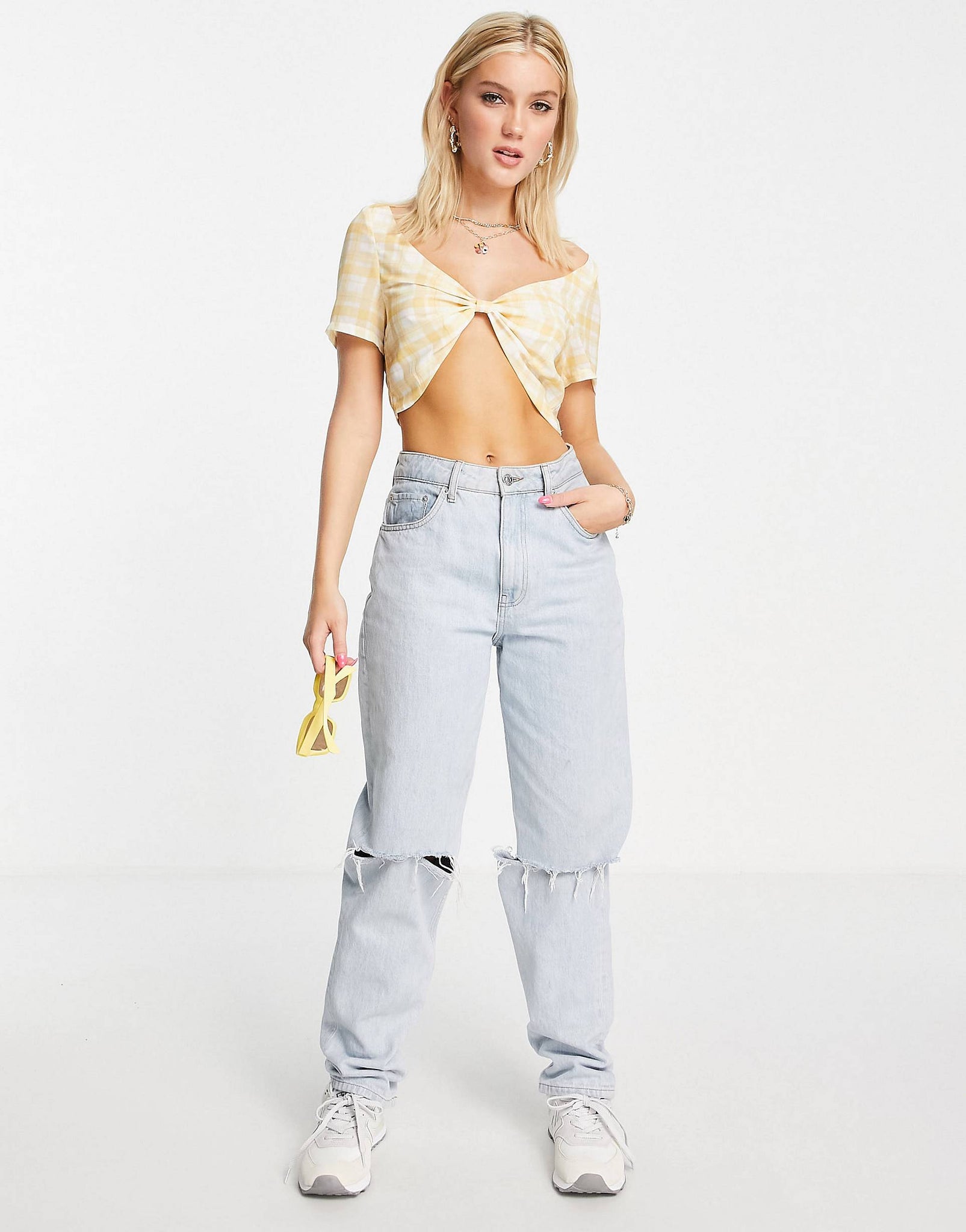 Unique 21 Knot Front Beach Crop Top In Green Check