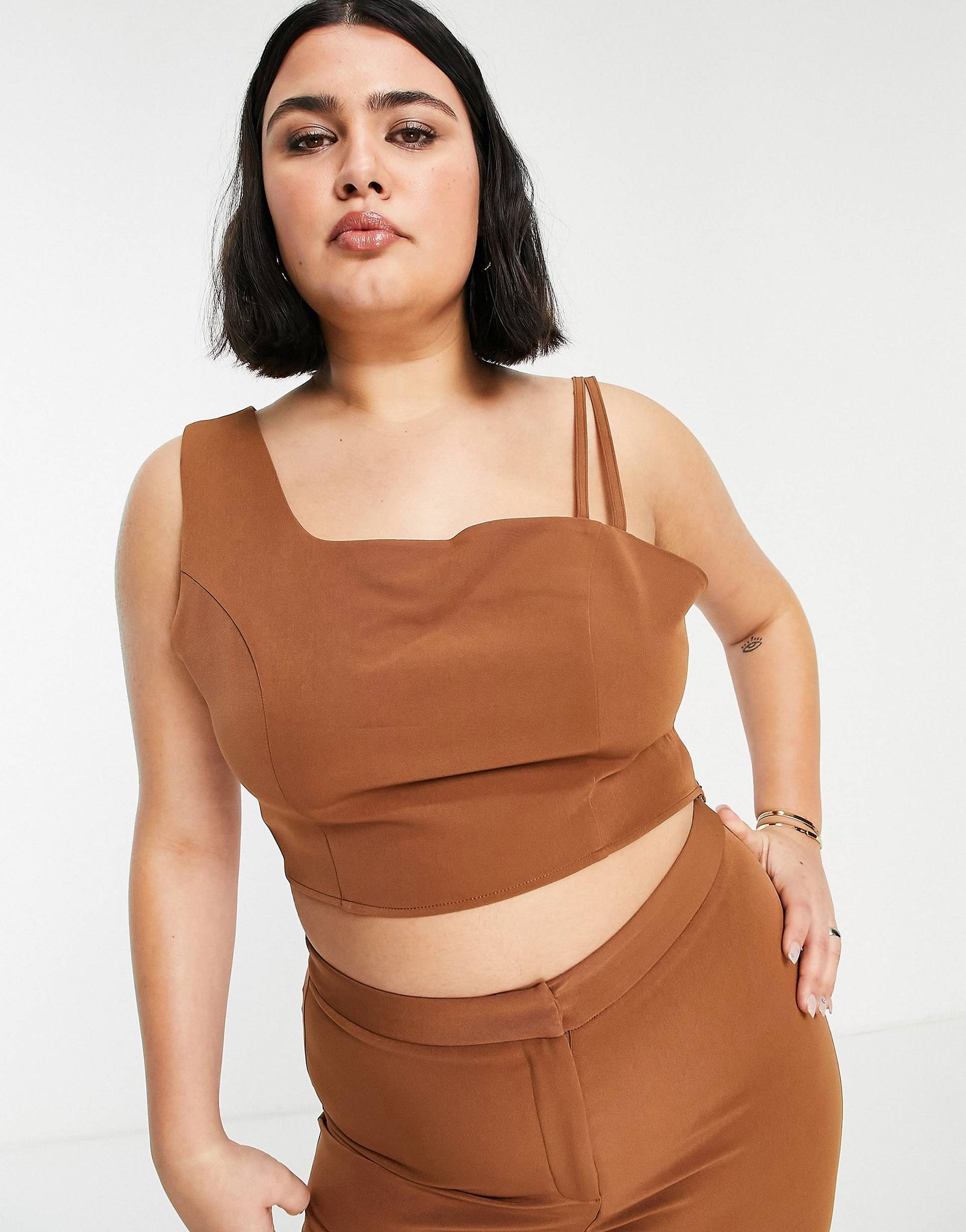 Plus asymetric crop top co-ord in midnight brown