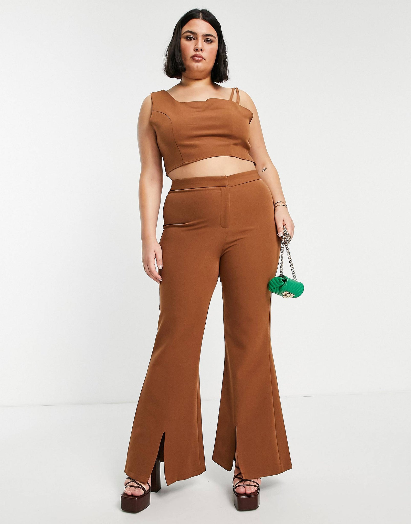 Plus asymetric crop top co-ord in midnight brown