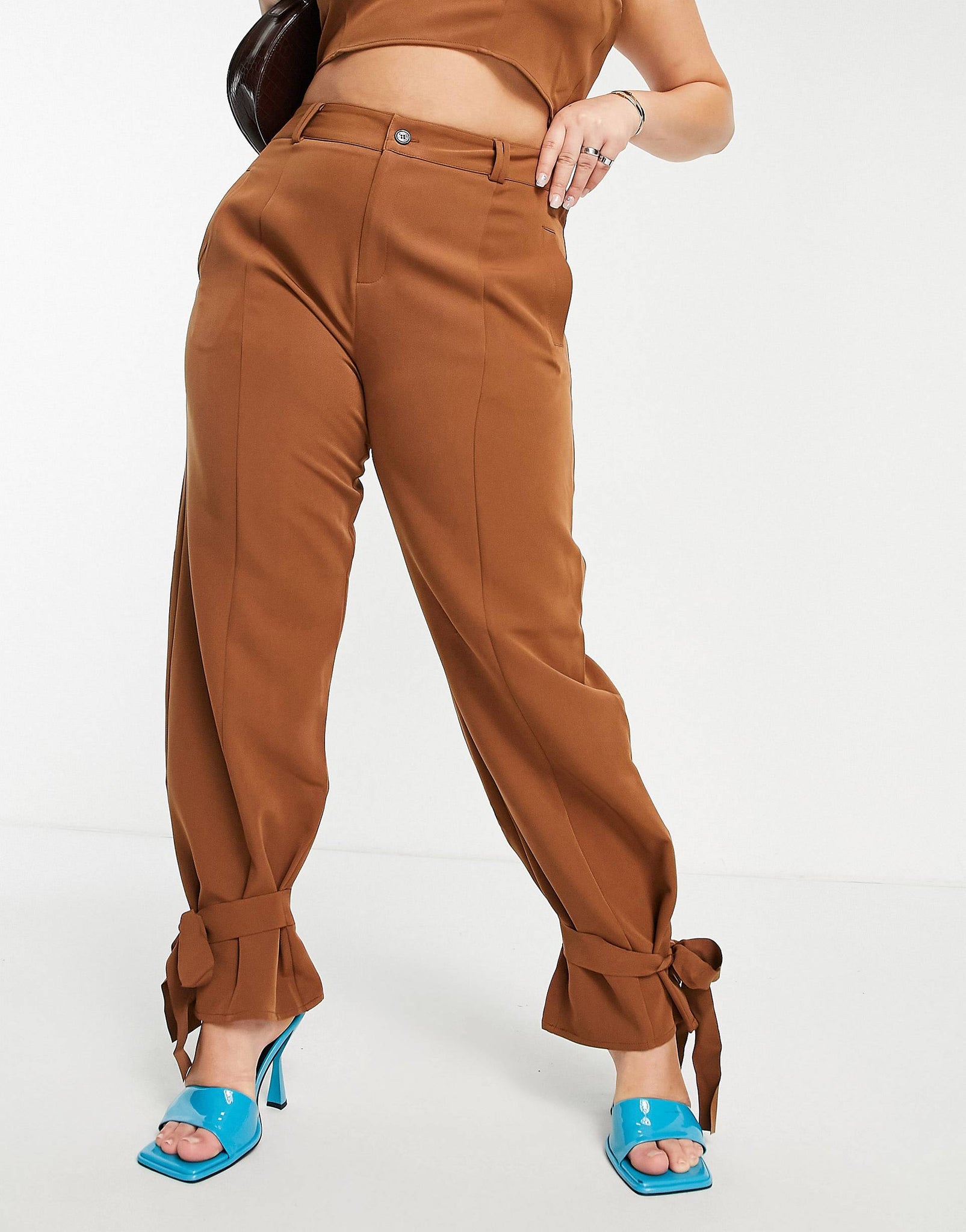 Plus ankle tie trouser co-ord in midnight brown