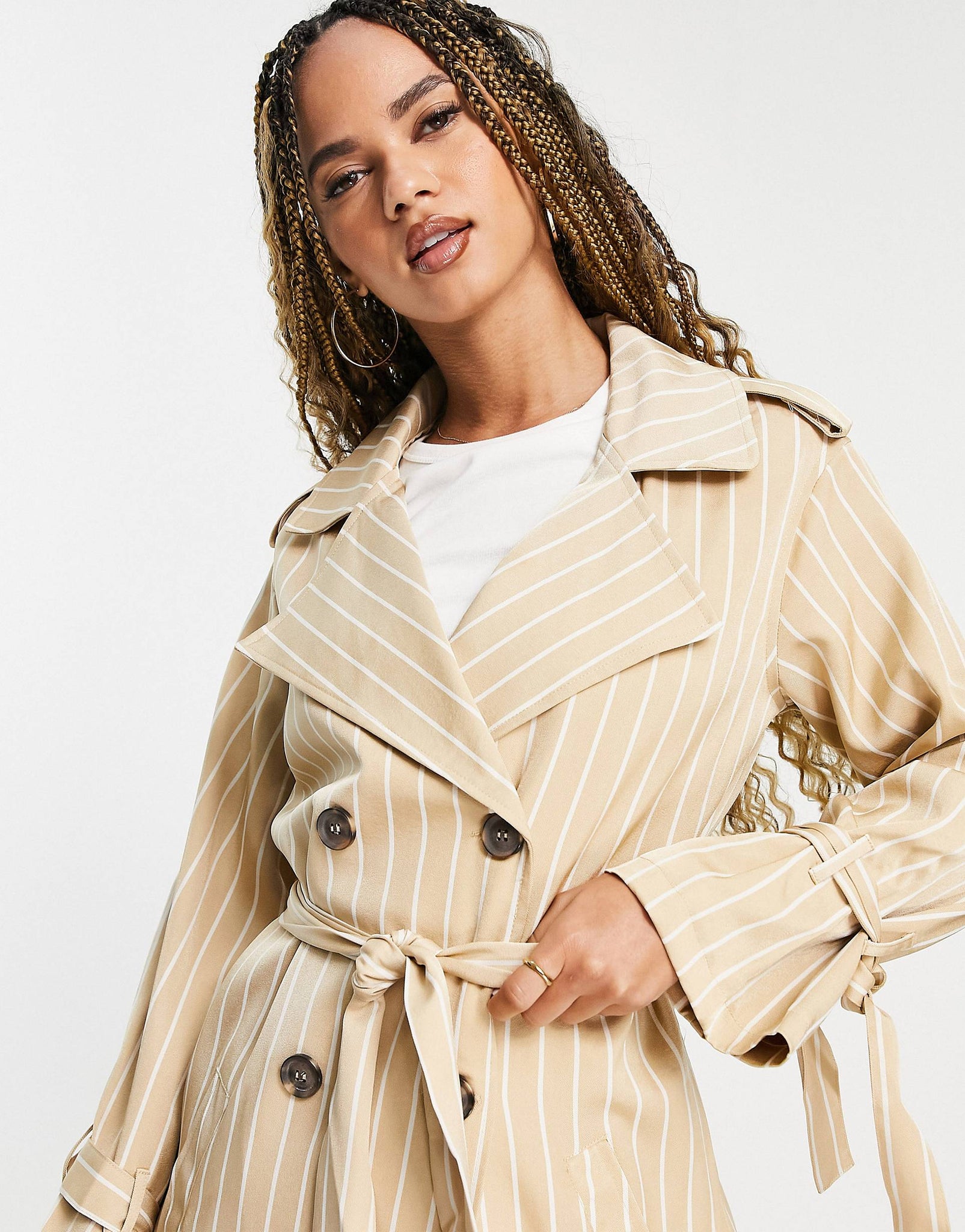 Unique21 Stripe Trench Coat In Stone