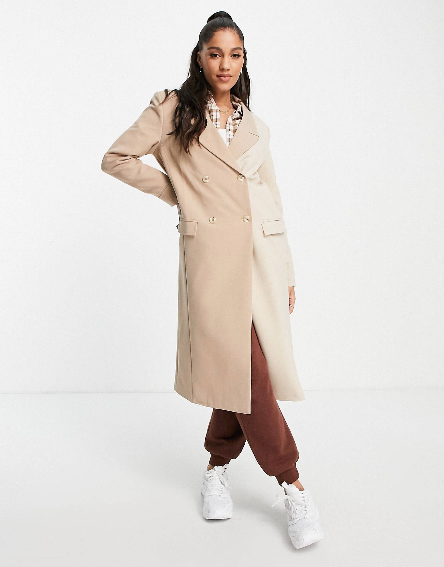 Unique21 Colourblock Trench Coat In Stone