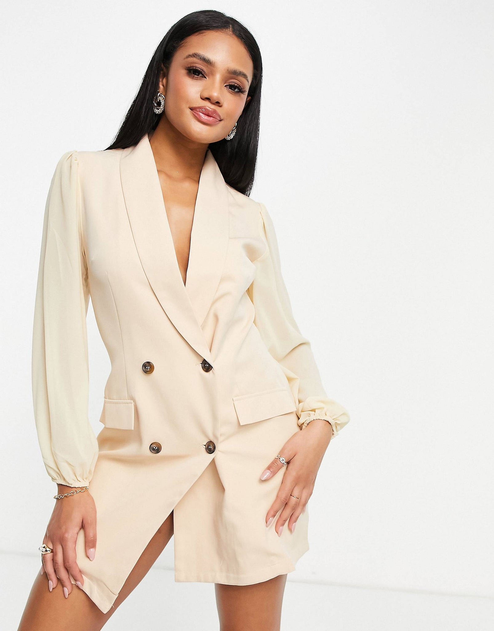 Unique 21 Blazer Dress With Puff Sleeves In Natural