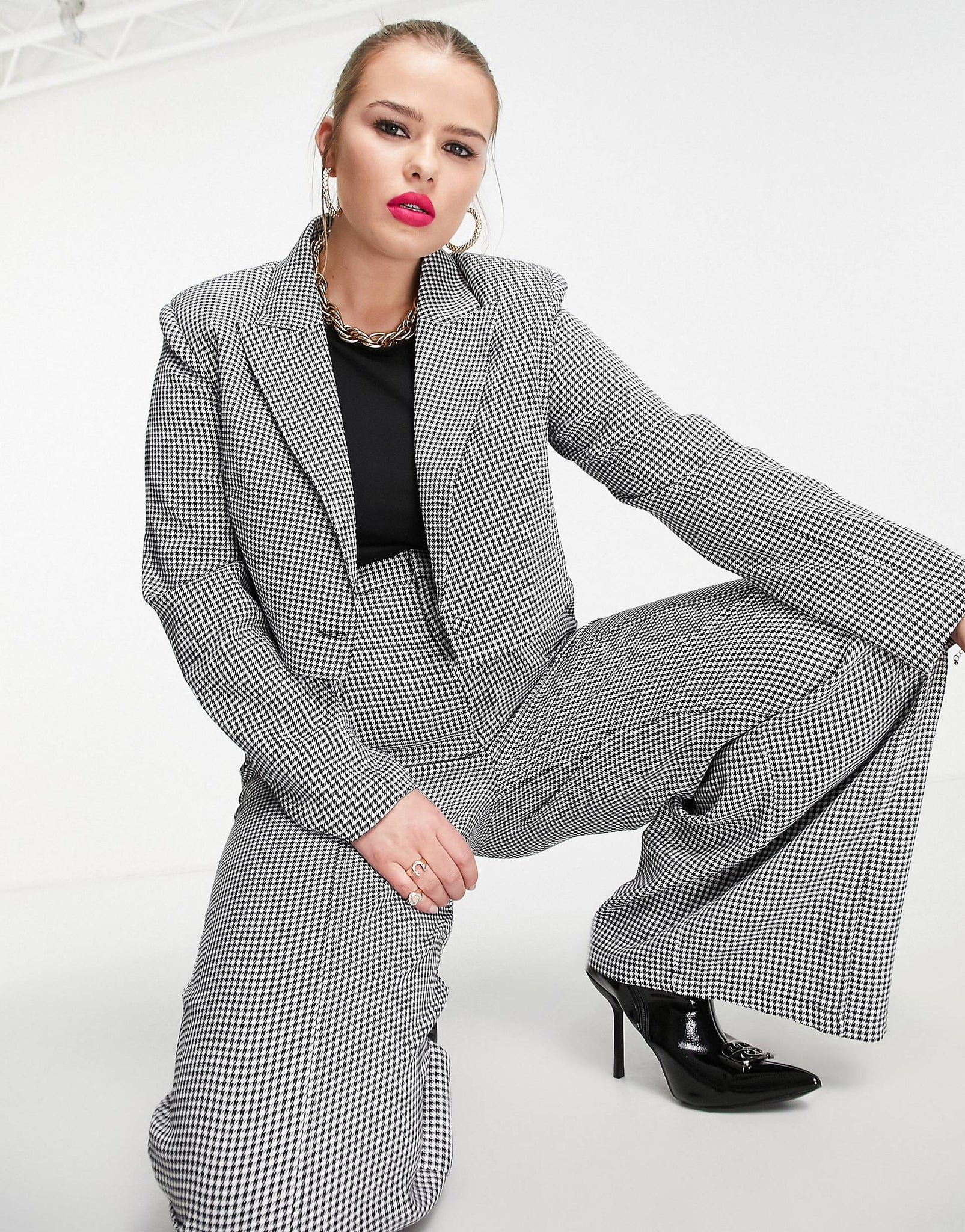 Plus boxy cropped blazer dogtooth check