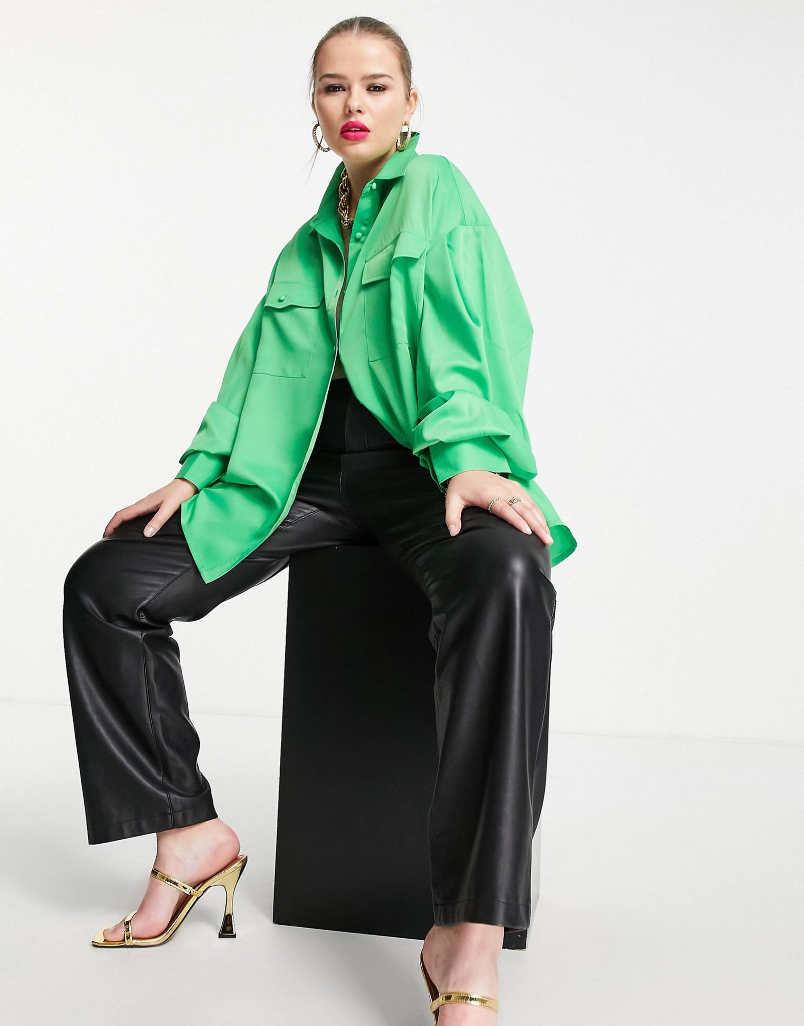 Plus pleated oversized shirt in bold green