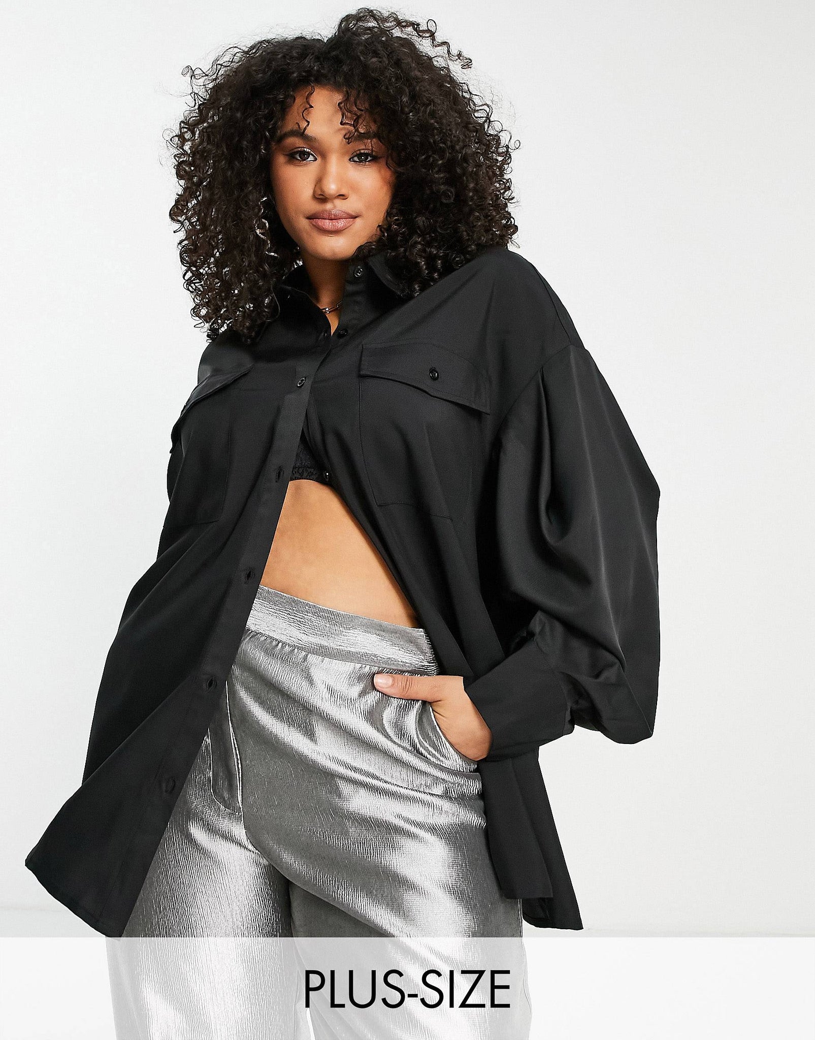 Plus pleated oversized shirt in black