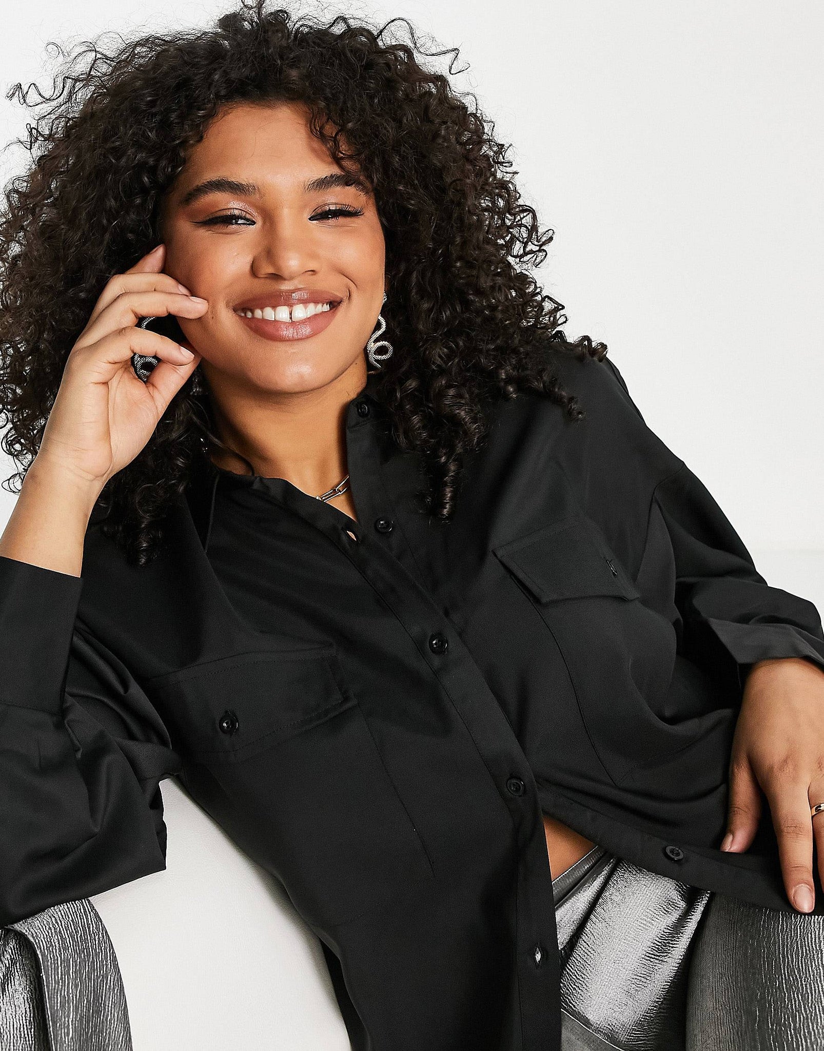 Plus pleated oversized shirt in black