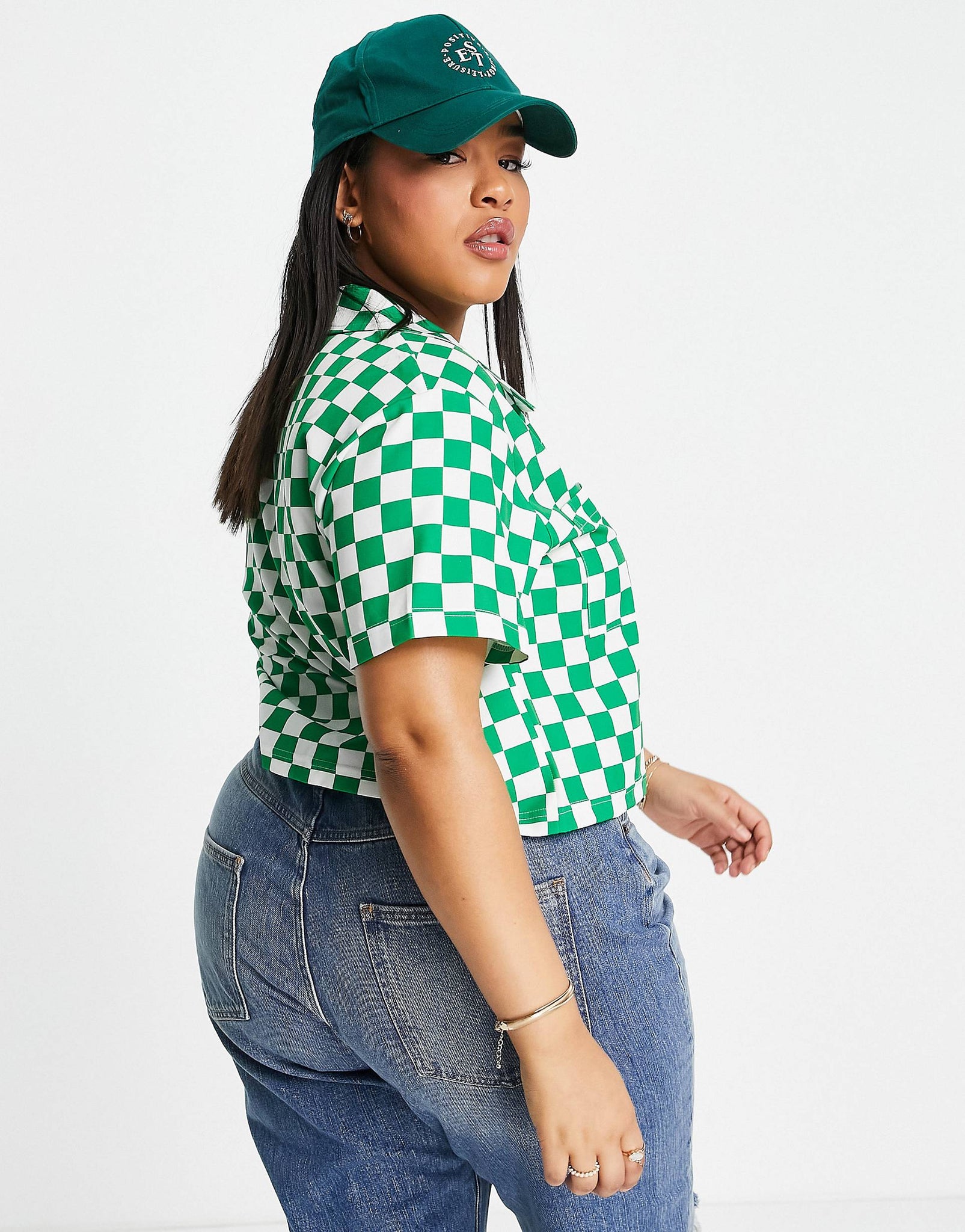 Plus cropped boxy shirt in bold green checkerboard