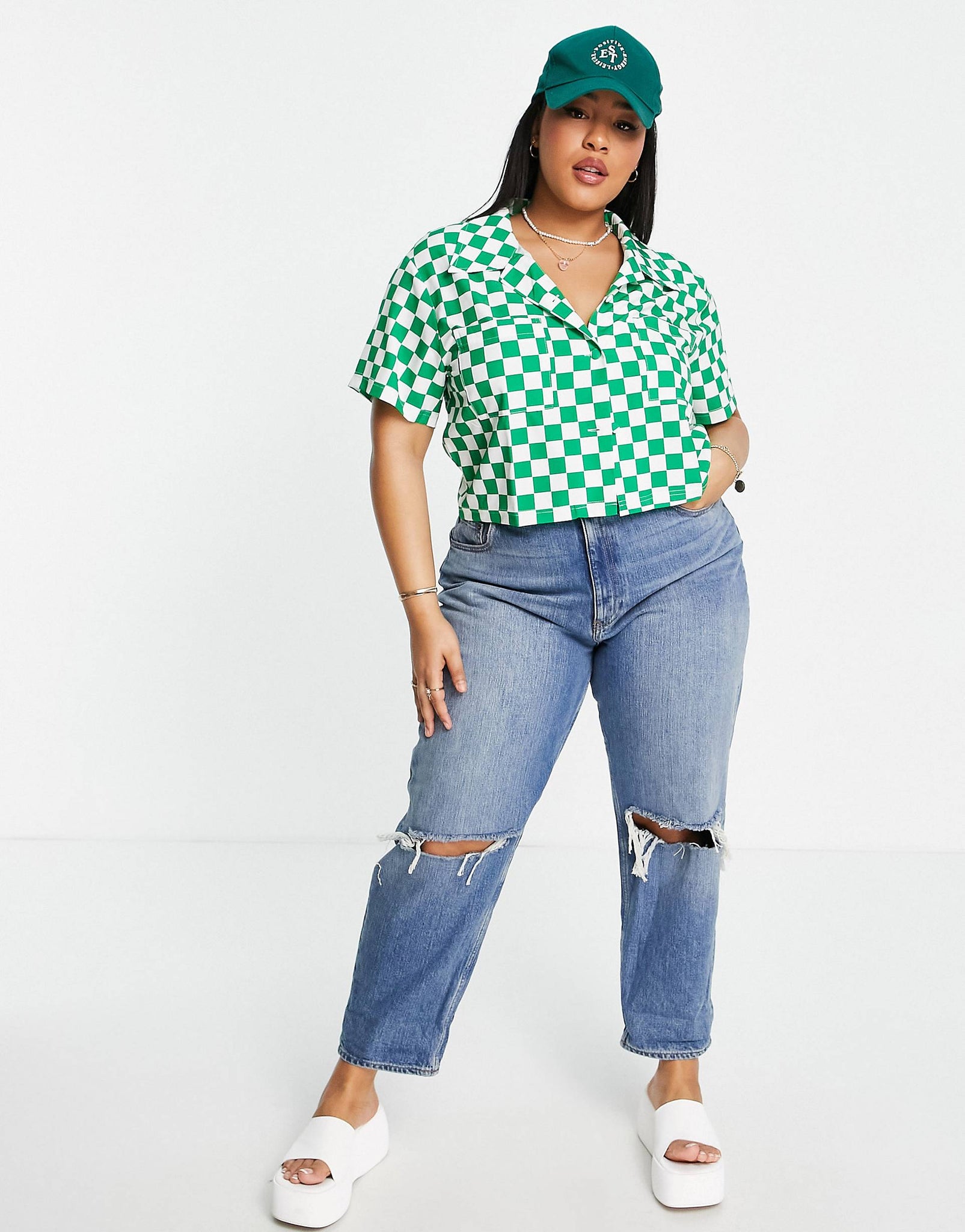 Plus cropped boxy shirt in bold green checkerboard