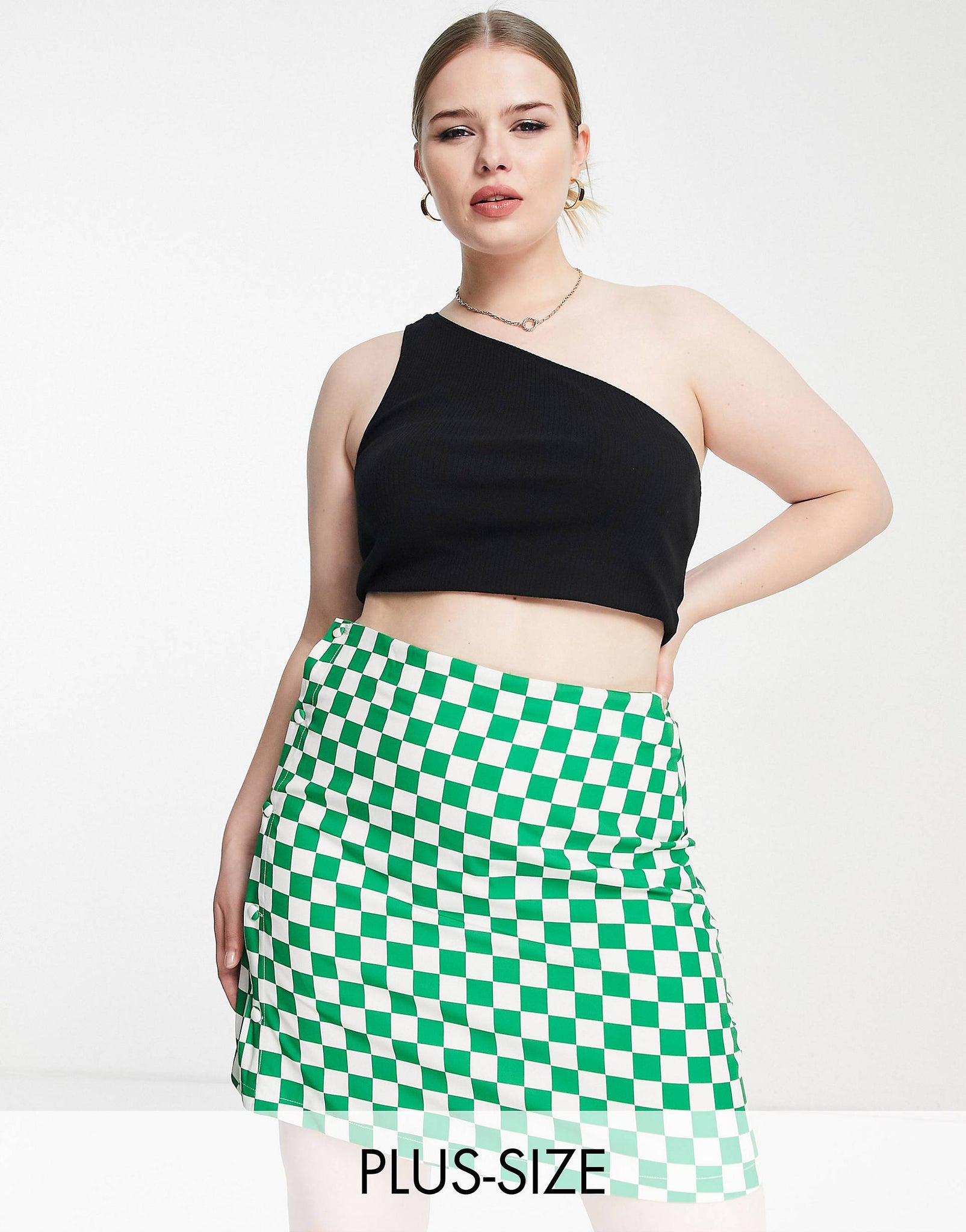 Plus button up mini skirt in bold green checkerboard