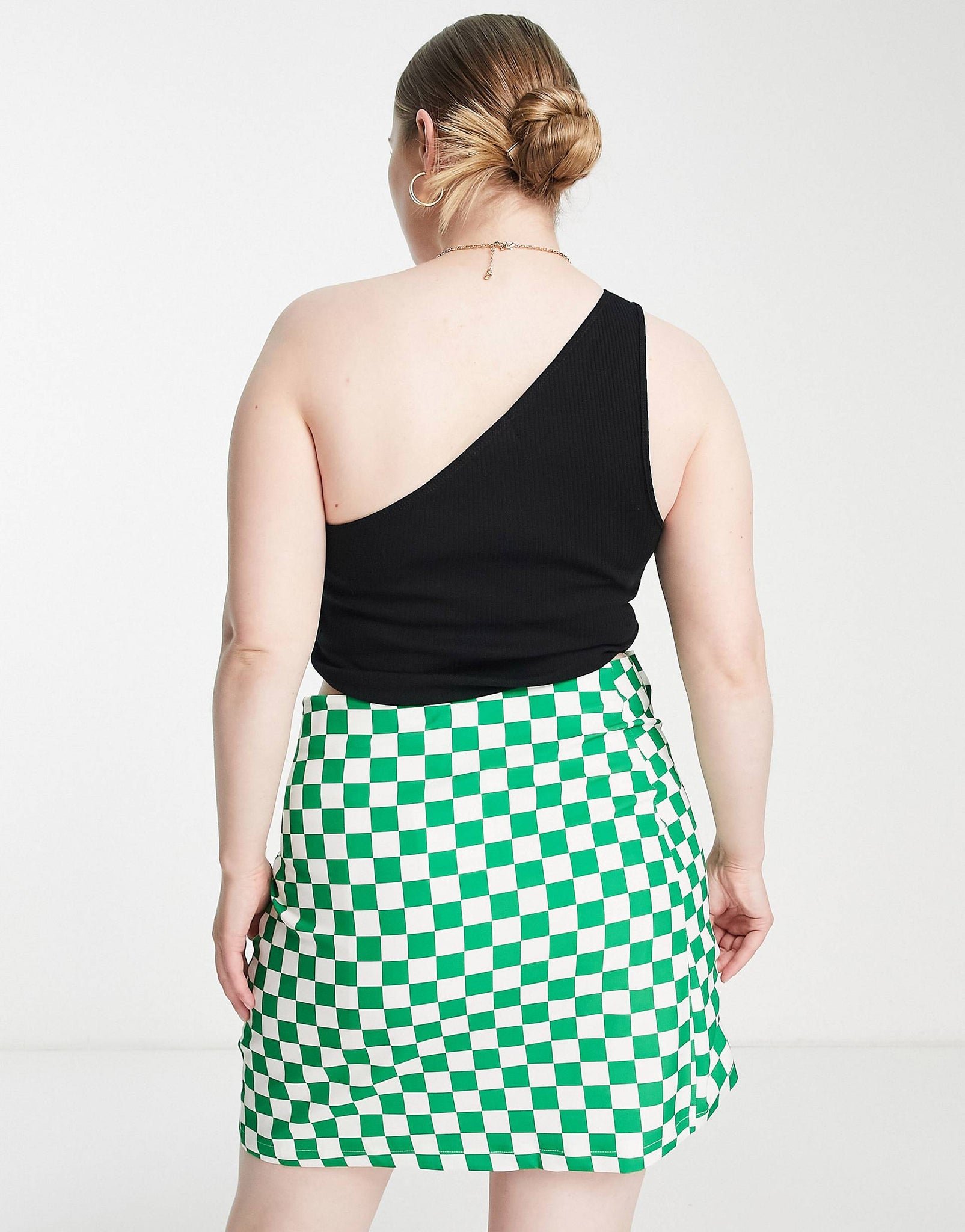 Plus button up mini skirt in bold green checkerboard