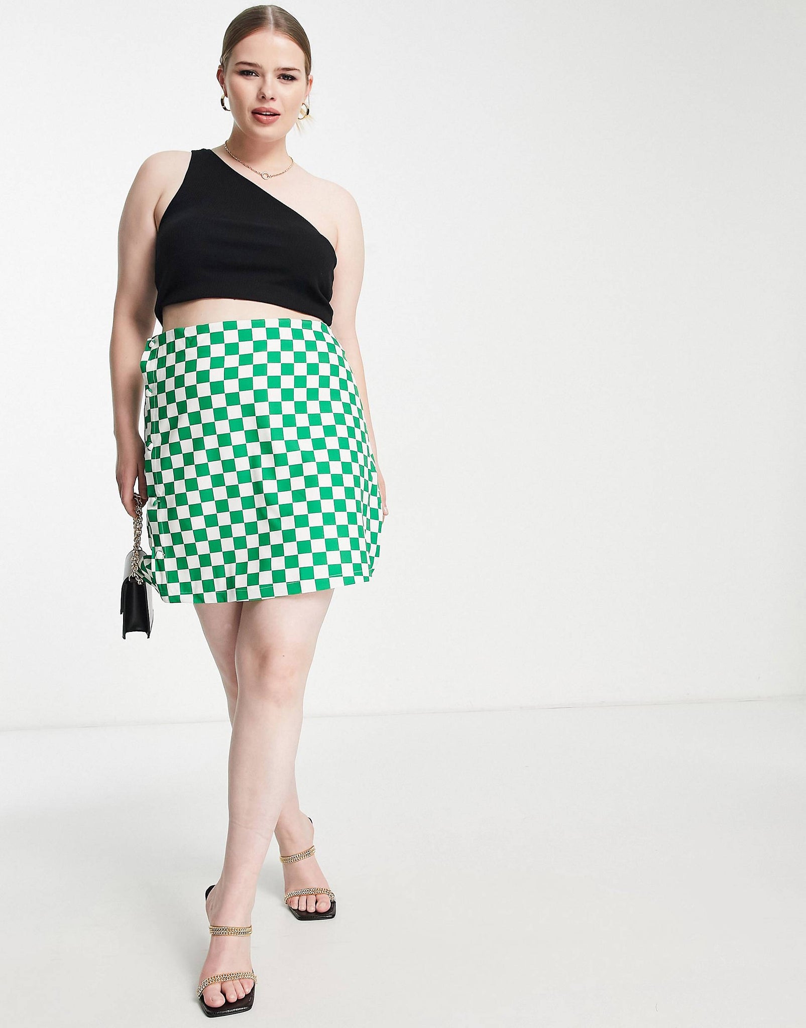 Plus button up mini skirt in bold green checkerboard