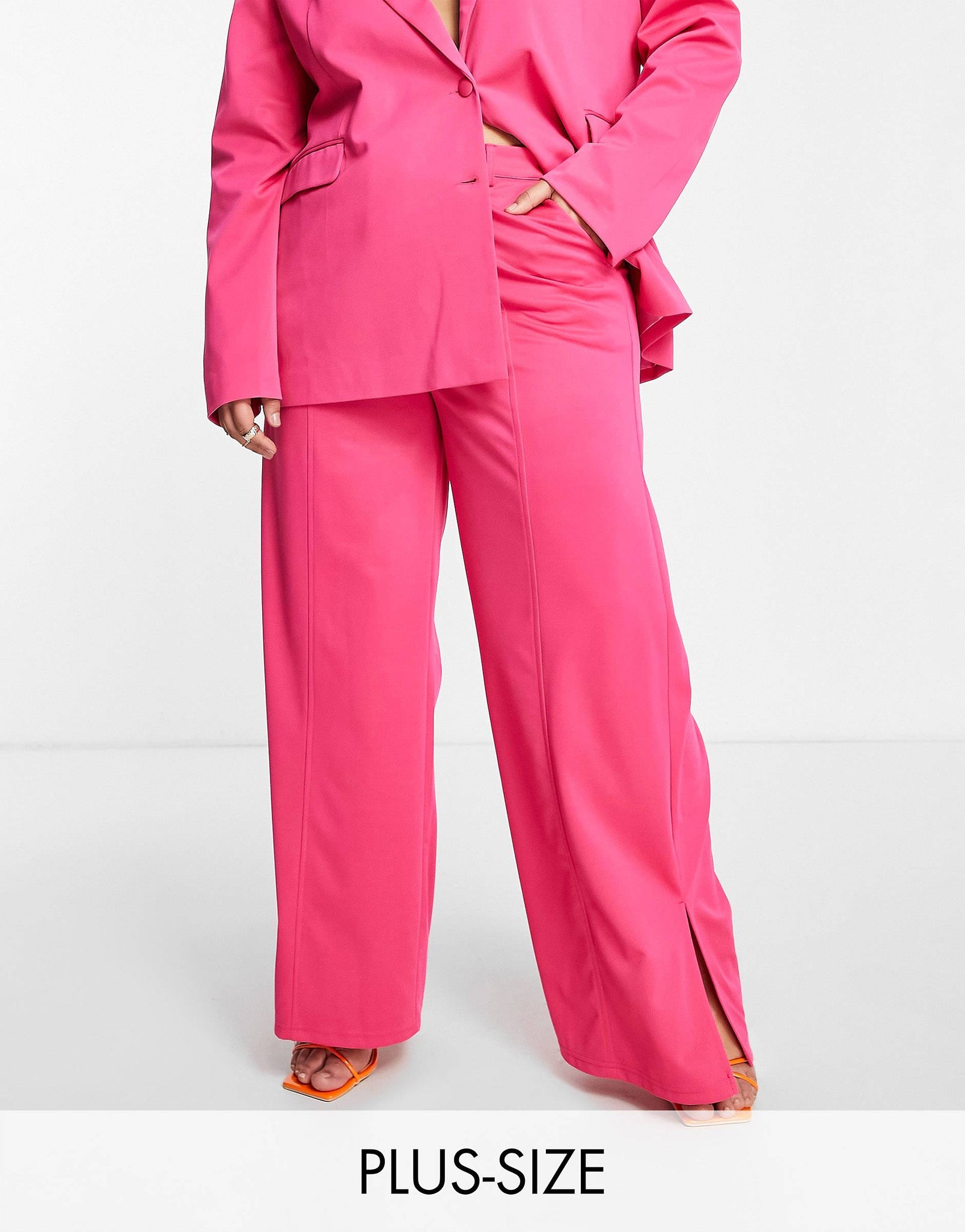 Plus slouchy wide leg trousers with leg split in hot pink