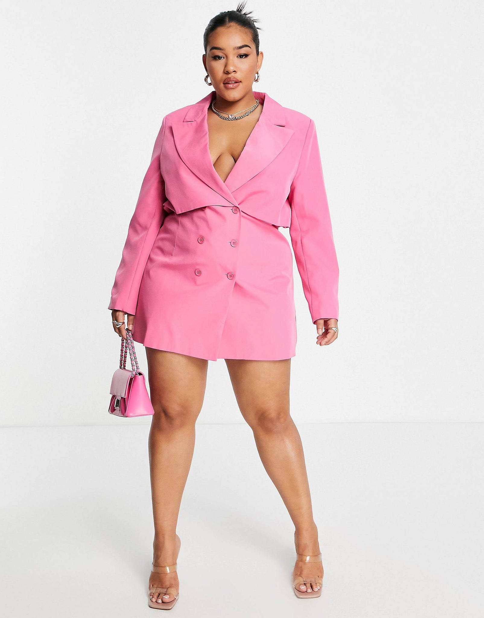 Plus double breast mini blazer dress with overlay in hot pink