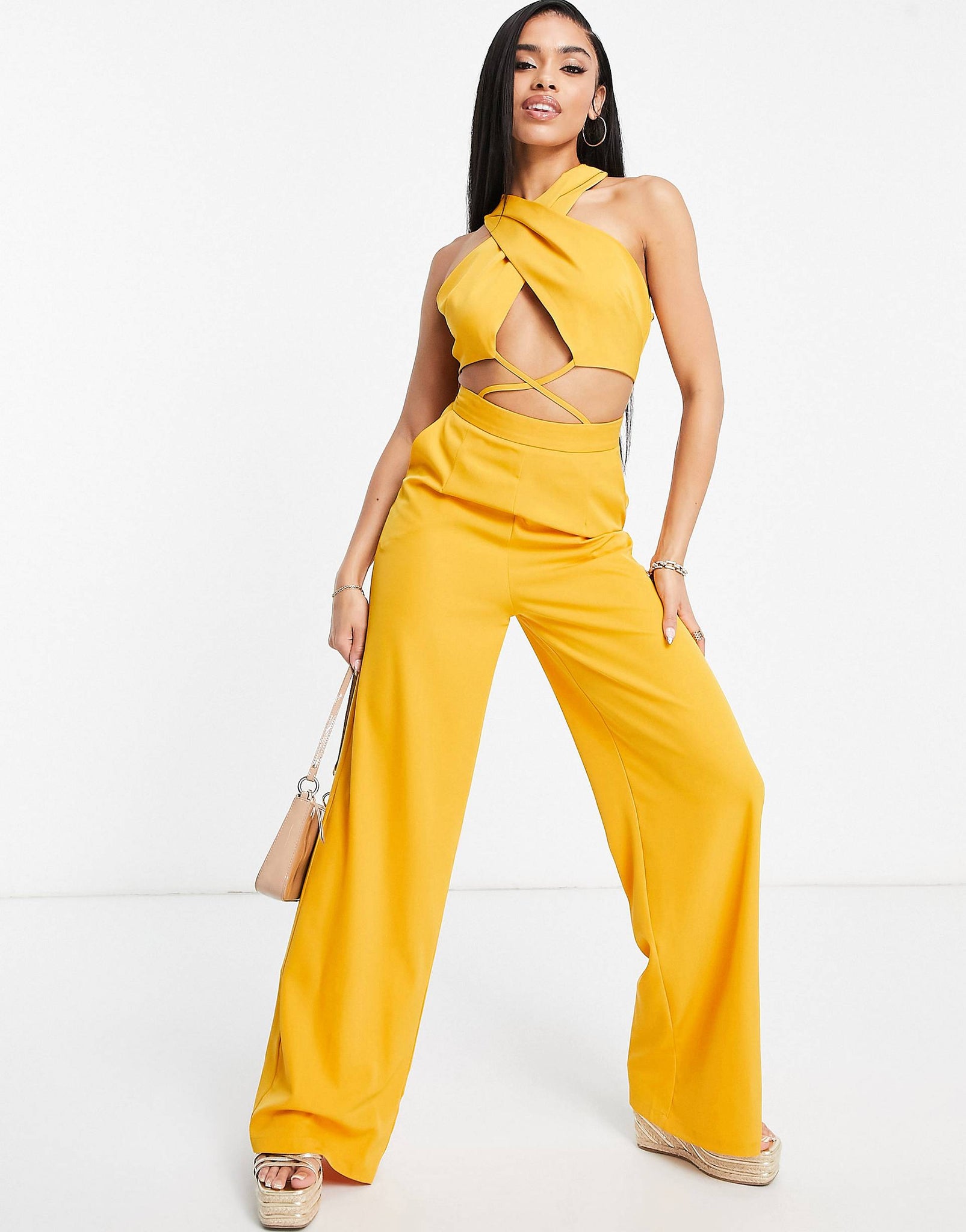 Unique21 Cross Front Wide Leg Jumpsuit In Mango