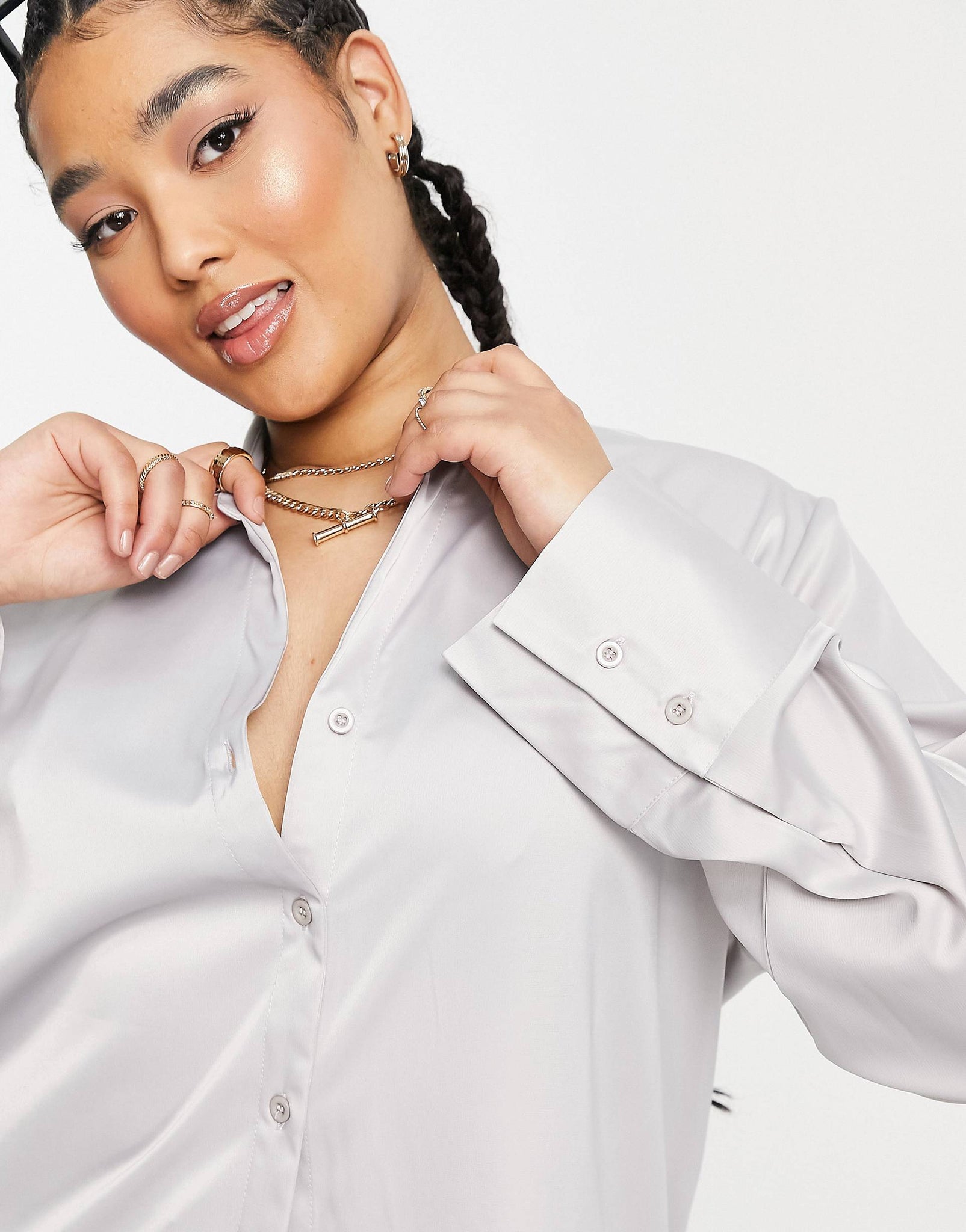 Plus satin shirt in ash grey