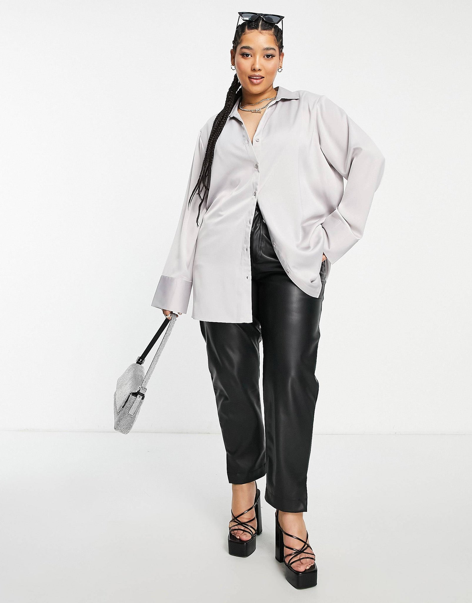 Plus satin shirt in ash grey