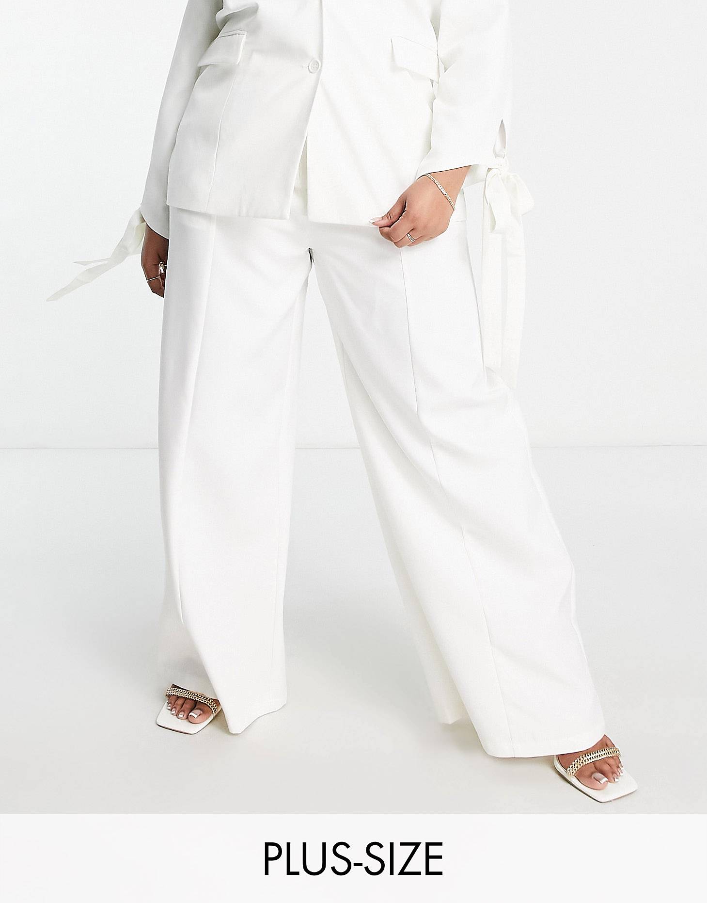 Plus wide leg trousers co-ord with buckle side in off white