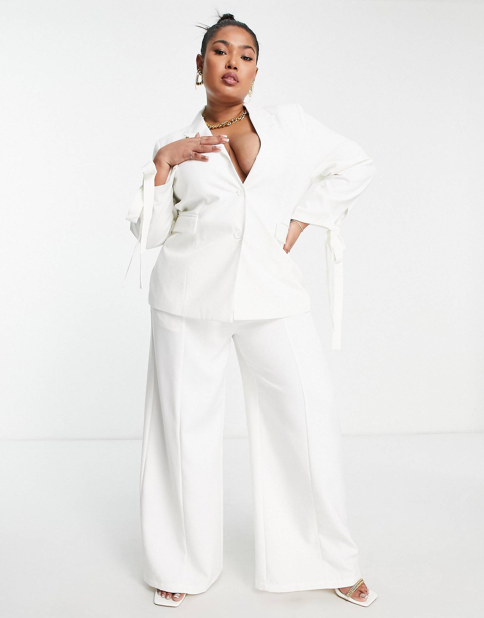 Plus wide leg trousers co-ord with buckle side in off white