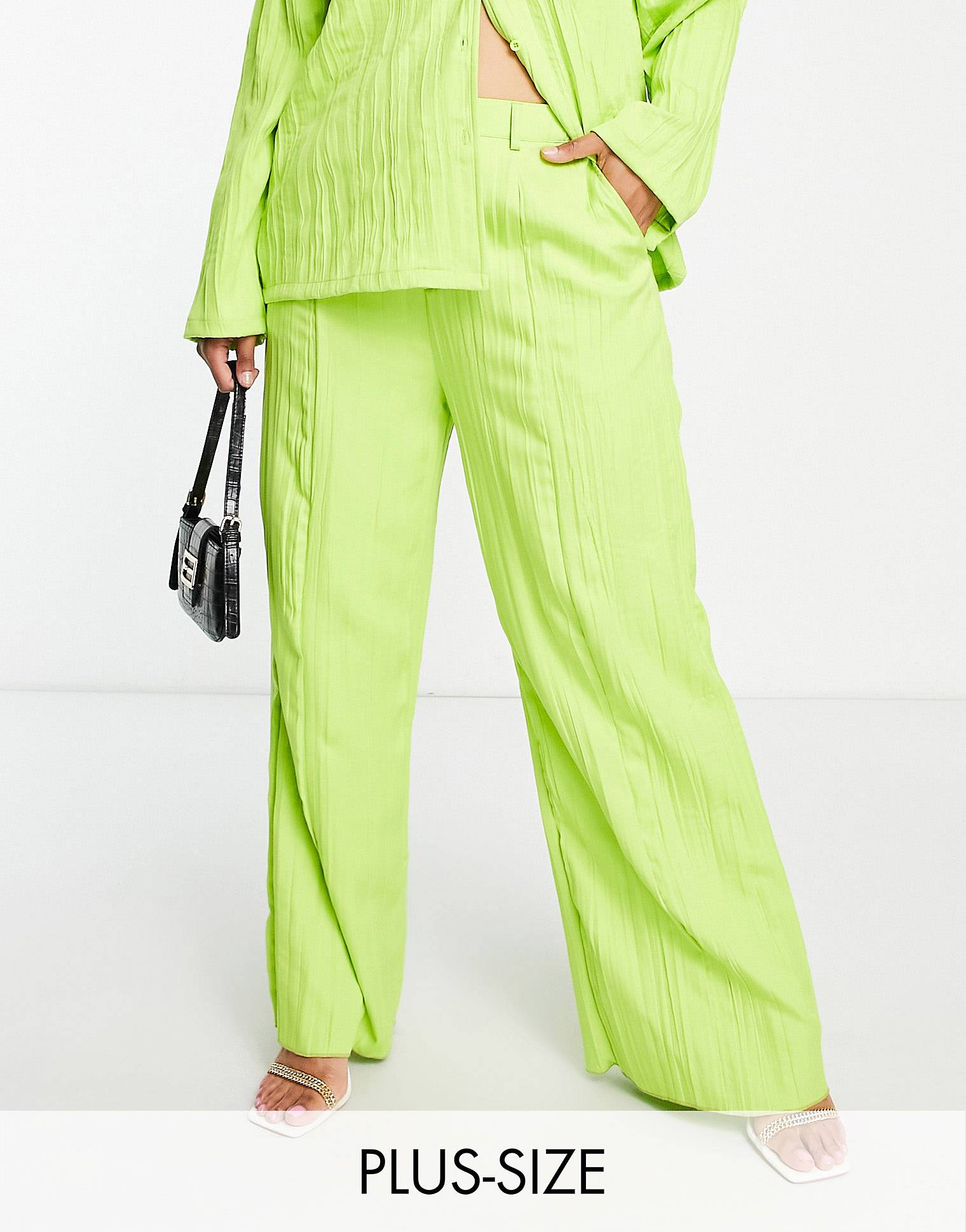 Plus wide leg plisse trousers in lime green co-ord