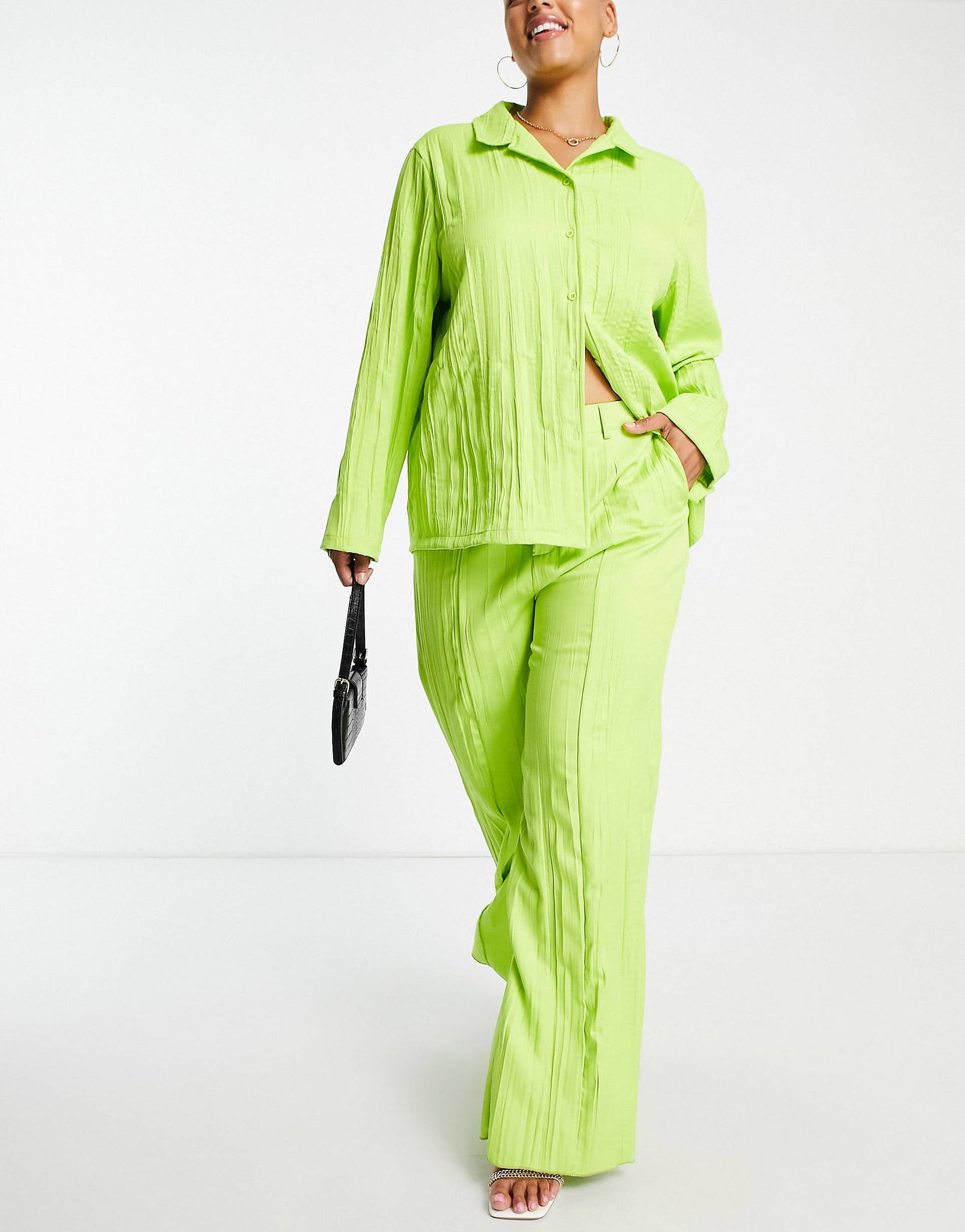 Plus wide leg plisse trousers in lime green co-ord