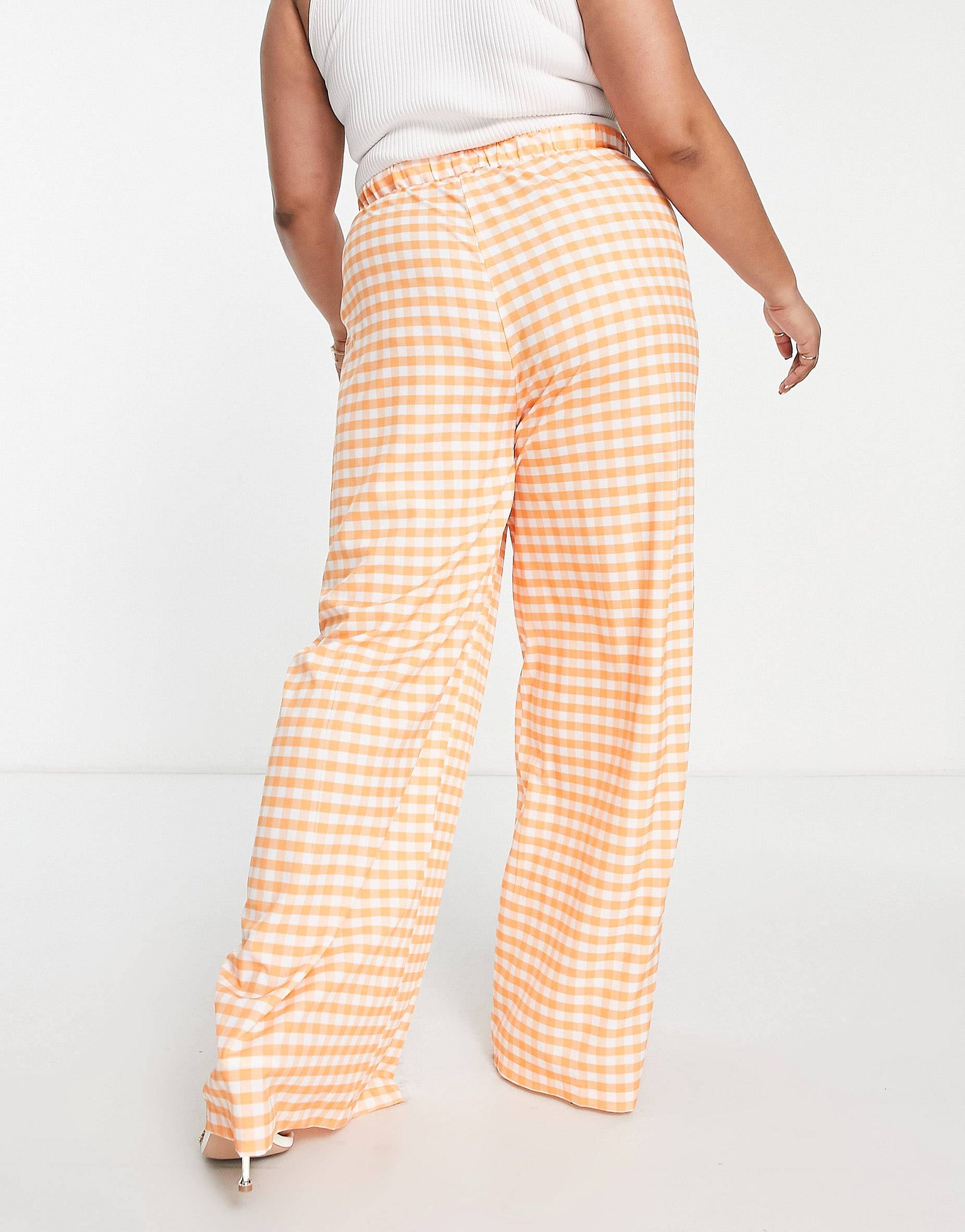 Plus elasticated super wide leg trousers in orange gingham