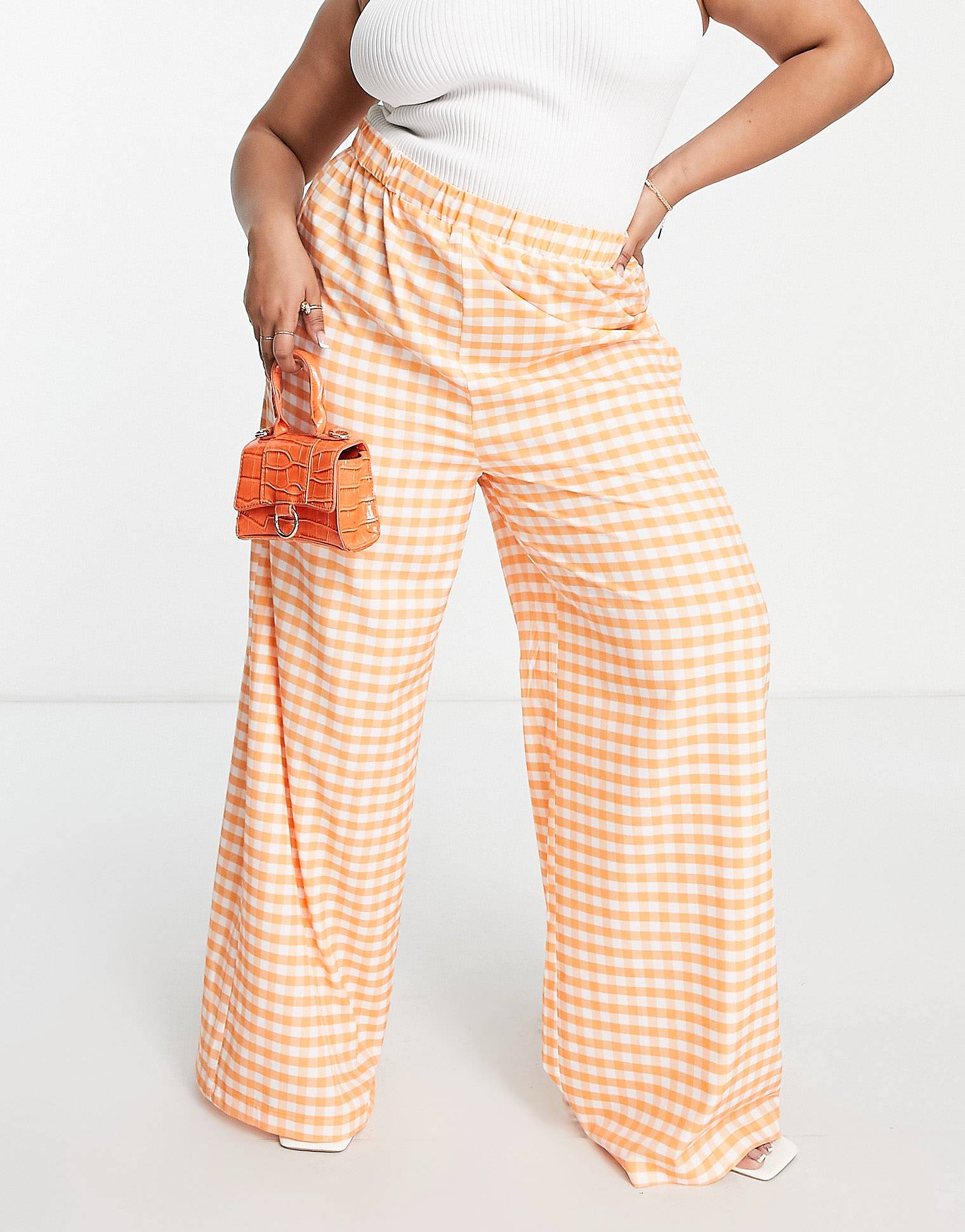 Plus elasticated super wide leg trousers in orange gingham